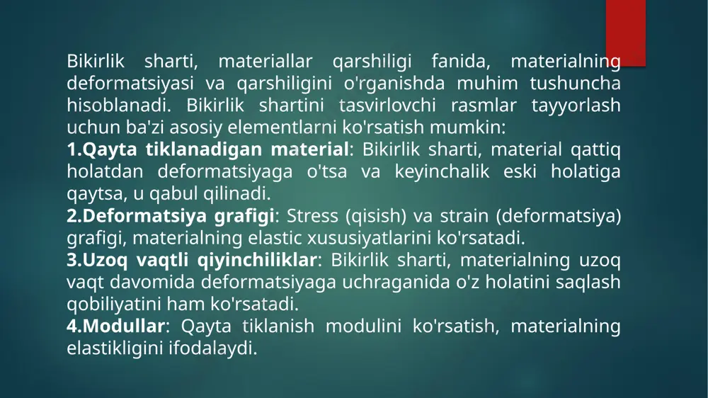 r etuvchi kuchlar. dinamik yuklama — materialning tebranish holatida yuklangan holda ko'rish. materiallarning turli xil qismlardagi qarshiligi yuqori va past bosimli materiallar — materialning bosim va tortish kuchiga qarshi turish qobiliyati. kuchlanish ta'siridagi materiallar — kuchlanishning ta'sirida paydo bo'lgan deformatsiya darajasi. eksperimentlar va tajribalar tajriba o’tkazish — materiallarning qarshilik darajasini va ularning qo'llanilishidagi imkoniyatlarini aniqlash uchun muhimdir. testlar — yuklamalarning turli darajalari ostida materiallar qanchalik ishonchli ekanligini tekshirish uchun o’tkaziladi. amaliy qo'llanilishi bikirlik sharti ko'plab muhandislik sohalarida qo'llaniladi, masalan: inshootlar — binolar va ko'priklar. transport vositalari — avtomobillar va samolyotlar. mashinalar — turli mexanik tizimlar. bikirlik sharti, materiallar qarshiligi fanining asosiy tushunchalaridan biri bo'lib, muhandislik va dizayn jarayonlarida katta ahamiyatga ega. buni tushunish, materiallarning sifatini va ulardan foydalanish imkoniyatlarini yaxshilashda yordam beradi. bikirlik shartini o'rganish natijasida, materiallarning turli sharoitlarda qanday o'zgarishini va ularning ishonchliligini baholash mumkin. ushbu ma'lumotlarni chuqurroq o'rganish va amaliy misollar bilan qo'shish, mavzuni yaxshiroq tushunishga yordam beradi. …