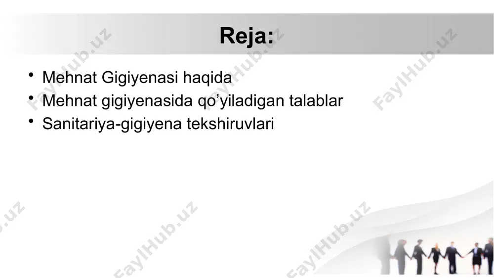 mdavlat vazifasi hisoblanadi. "oʻzbekiston respublikasi davlat sanitariya nazorati toʻgʻrisidagi nizom"ga muvofiq, mehnat gigiyenasi sohasida davlat sanitariya nazoratining bajaradigan asosiy vazifasi sanitariya qonunlariga rioya qilinishini kuzatib borishdir mehnat gigiyenasida nazorat olib borish uchun turli usullardan foydalaniladi. shulardan asosiysi sanitariyagigiyena tekshiruvlaridir. ob-havoga tegishli omillar; havoning ifloslanish darajasi, vibratsiya, shovqin, radioaktiv nurlarni oʻlchash va boshqa ishlarda shu metod qoʻllanadi. bundan tashqari, fiziologik, statistik hamda eksperimental tekshiruv usullari ham bor. mehnat gigiyenasi ishlab chiqarish da odam organizmining fiziologik va biologik talablariga hammadan koʻra koʻproq muvofiq keladigan gigiyena normativlarini belgilab olish maqsadida organizm bilan ishlab chiqarish muhiti oʻrtasida boʻlib turadigan oʻzaro taʼsir qonuniyatlarini ham oʻrganadi. mamlakatda joriy etilgan tartibqoidaga muvofiq, ishlab chiqarish omillarining birontasi ham yoʻl qoʻyiladigan normadan yoki eng katta konsentratsiyadan ortiq boʻlmasligi, ishlovchilar ularga cheksiz uzoq vaqt davomida yaqin yurganida omillar oʻsha odamlarga muayyan kasallik yoki sezilarli biror oʻzgarish paydo qilmasligi kerak. mehnat gigiyenasi oʻzr sogʻliqni saqlash vazirligi tomonidan ishlab chiqilgan va tavsiya …