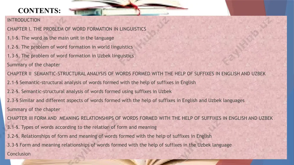 ved. studying the theoretical foundations of the word problem and its implementation on the basis of a detailed study of some lexical groups remains one of the most important tasks of linguistics. the subject of the research the aim of the research the object of the research analysis lexical-semantic, structural features of words formed with the help of suffixes in english and uzbek languages. to identify the lexical-semantic, structural, form and meaning relations of words formed with the help of suffixes in english and uzbek languages english and uzbek words formed with the help of suffixes were selected. the tasks of the research: - to study words formed with the help of suffixes in english and uzbek languages ​​as an object of linguistic research; - implementation of semantic-structural analysis of words formed with the help of suffixes in english and uzbek languages; - classification of words formed with the help …