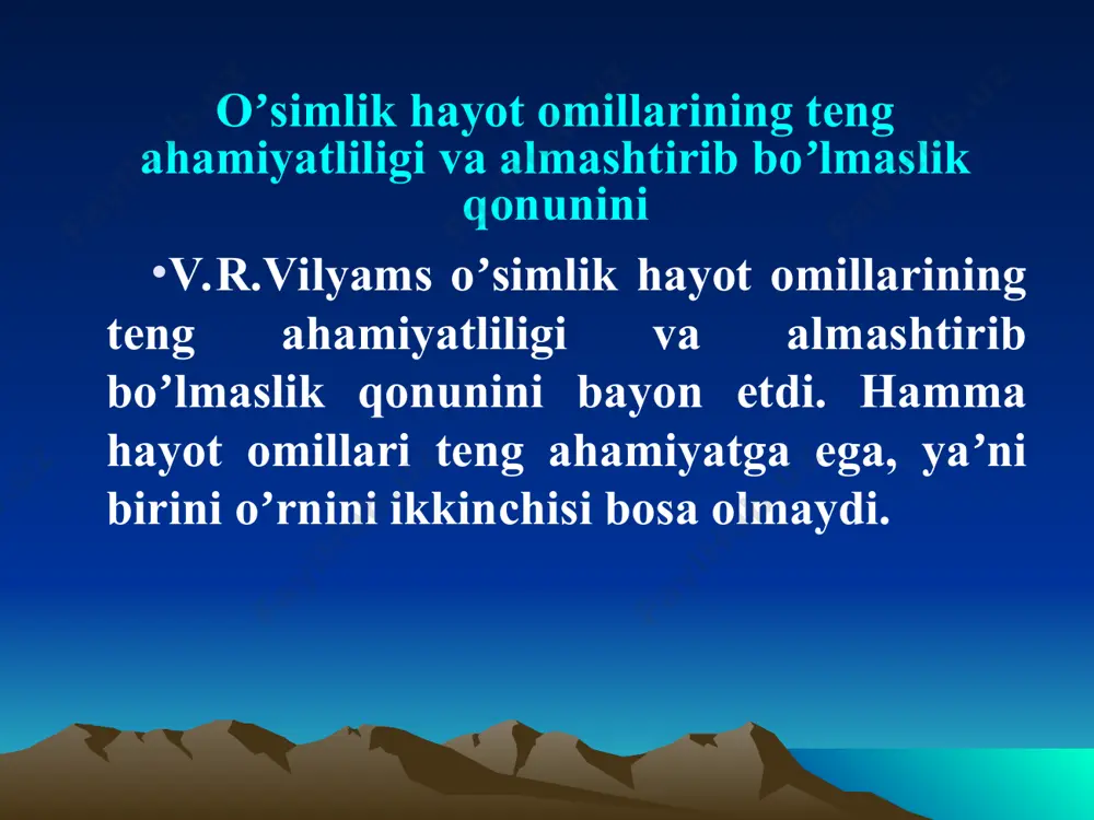 balapdga koʼtarilgan va kerakli joylarga yetkazilgan. аyniqsa, xorazm, zarafshon vodiysining quyi qismida bunday qurilmalar yaxshi samara bergan (ot, tuya va boshqalar yordamida harakatga kelgan). respublikamizda revolyutsiya arafasida deyarli 90 mingta chigir boʼlgan. dehqonchilikning rivojlanish tizimi dehqonchilikning vazifasi. dehqonchilik qishloq xoʼjaligining asosiy tarmogʼi boʼlib aholini oziq-ovqat, sanoatni xom-ashyo, chorvachilikni esa yem-xashak bilan taʼminlaydi. ekinlardan sifatli va yuqori hosil olish maqsadida ularni parvarish qilish usullari, tuproq unumdorligini oshirish tadbirlari bilan shugʼullanadi. ilmiy dehqonchilikning vazifasi oʼsimliklarni tashki muxit sharoitiga boʼlgan talabani oʼrganish va shuning asosida ularni qondirish usullarini ishlab chiqishdir. yerning asosiy xususiyatlaridan biri uning eskirmasligidir. yerdan toʼgʼri foydalanish qishloq xoʼjaligi xodimlarining eng muhim vazifasidir. деҳқончилик фани қуйидаги бўлимларини ўз ичига олади. dehqonchilik fanining bo’limlari dehqonchilikning ilmiy asoslari tuproq rejimlari va ularni boshqarish бегона ўтлар ва уларга қарши курашиш ерга ишлов бериш экинларни экиш алмашлаб экиш деҳқончилик тизми тажриба ишлари услубияти dunyo olimlarining dehqonchilik faniga qoʼshgan xissalari dehqonchilik fanini rivojlanishida qator olimlar oʼz …