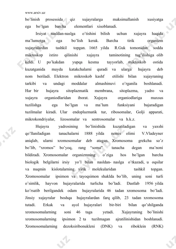 idan tashkil topganligi aniqlanadi. hozirgi vaqtda dnk orqali hujayradan - hujayraga, organizmdan - organizmga irsiy axborot o’tkazilishi isbotlangan. dnk malekulasi qo’shaloq spiral sturukturasiga ega. buni 1953-yilda uotson va kirk ko’rsatib berishdi. ular kashfiyotlari uchun nobl mukofoti yetadi. oqsil simtezida 20 amino kislata ishtirok etib, ularning sintezlanishi 1,5 min. davom etadi. xromosomadagenlar ham bor. gen irsiyat birligidir. genetika faning eng katta yutug’i dnk molekulasidan gen ajratib olindi va sintez qilindi. gen bir-biriga yaqin bo’lsa, ular belgilab beradigan belgilarning naslda namoyon bo’lishi extimoli shuncha katta bo’ladi. odamning jinsiy xujayralarida xromasomalar soni 23 ta bo’lib , diploid soni 46ta, yani 22 juftli autosomani (jinsiz xromasomani) va 2ta jinsiy xromasomani o’z ichiga oladi. jinsiy xromasomalar urg’ochi xromasomalarda xx, erkaklarda xy deb belgilanadi. tibbiyotda 1500dan ortiq irsiy kasallik turlari mavjud. nasl kasalliklari xromosomaning onomal yig’indisi, jiddiy xujayralarning o’zgarishi yoki mutayiya ta’sirida hosil bo’ladi. aurtasoma anatomiyasiga daun kasalligi kiradi. yana shershevskiy-terner sindromi ayollarda xx o’ringa xo …
