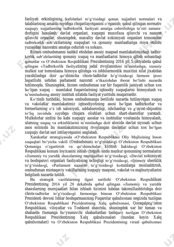berallashtirish, mamlakatimizni modernizatsiya qilish bo‘yicha eng muxim ustuvor yo‘nalishlarni amalga oshirish maqsadida» o‘zbekiston respublikasi prezidentining 2017-2021 yillarga mo‘ljallangan «o‘zbekiston respublikasini yanada rivojlantirish bo‘yicha xarakatlar strategiyasi to‘g‘risida»gi farmonining qabul kilinishi mamlakatimizda fuqarolik jamiyatini rivojlantirishning yangi bosqichi boshlanganini anglatadi. ushbu xujjatda 2017- 2021 yillarda o‘zbekiston respublikasini rivojlantirishning beshta ustuvor yo‘nalishi bo‘yicha xarakatlar strategiyasi mujassamlashgan bo‘lib, ularning birinchisi davlat va jamiyat qurilishi tizimini takomillashtirishning ustuvor yo‘nalishlarini o‘zida ifodalaydi. bu yo‘nalishning dastlabki vazifasi sifatida o‘zbekiston respublikasi prezidentining «o‘zbekiston respublikasini yanada rivojlantirish bo‘yicha xarakatlar strategiyasi to‘g‘risida»gi farmonida «davlat xokimiyati tizimida oliy majlisning rolini» oshirish uning mamlakat ichki va tashqi siyosatiga oid muxim vazifalarni xal etish hamda ijro xokimiyati faoliyati ustidan parlament nazoratini amalga oshirish bo‘yicha vakolatlarini yanada kengaytirish»ga doir strategik vazifa qo‘yildi. mazkur vazifa mamlakatni modernizatsiya qilishda oliy majlis palatalari va siyosiy partiyalarning rolini yanada kuchaytirishga qaratildi. xarakatlar dasturida oliy majlisning hokimiyatlar bo‘linishi printsiniga asosan boshqa xokimiyat tarmoqlari bilan muvozanatni va o‘zaro bir-birini tiyib turishni …