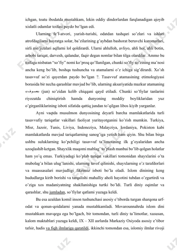 shayxlik maqomi mablag’ to’plash manbai bo’lib qolgan holatlar ham yo’q emas. turkiyadagi ko’plab tariqat vakillari tomonidan shayxlarini o’ta mubolag’a bilan ulug’lanishi, ularning tavof qilinishi, shayxlarning o’z tarafdorlari va muassasalari mavjudligi fikrimiz isboti bo’la oladi. islom dinining keng hududlarga kirib borishi va tarqalishi mahalliy aholi hayotini tubdan o’zgartirdi va o’ziga xos madaniyatning shakllanishiga turtki bo’ldi. turli diniy oqimlar va qarashlar, shu jumladan, so’fiylar qatlami yuzaga keldi. bu esa azaldan komil inson tushunchasi asosiy e’tiborda turgan sharqona urf-odat va qonun-qoidalarni yanada mustahkamladi. movarounnahrda islom dini mustahkam mavqega ega bo’lgach, bir tomondan, turli diniy ta’limotlar, xususan, kalom maktablari yuzaga keldi, ix – xii asrlarda markaziy osiyoda asosiy e’tibor tafsir, hadis va fiqh ilmlariga qaratildi, ikkinchi tomondan esa, islomiy ilmlar rivoji mazkur hududda tasavvuf oqimining yuzaga kelishi va keng tarqalishi uchun asosiy omil bo’lib xizmat qildi. musulmon sharqi mamlakatlari ijtimoiy va ma’naviy hayotiga chuqur kirib borgan tasavvuf ta’limoti fan, madaniyat va adabiyot rivojiga ijobiy …