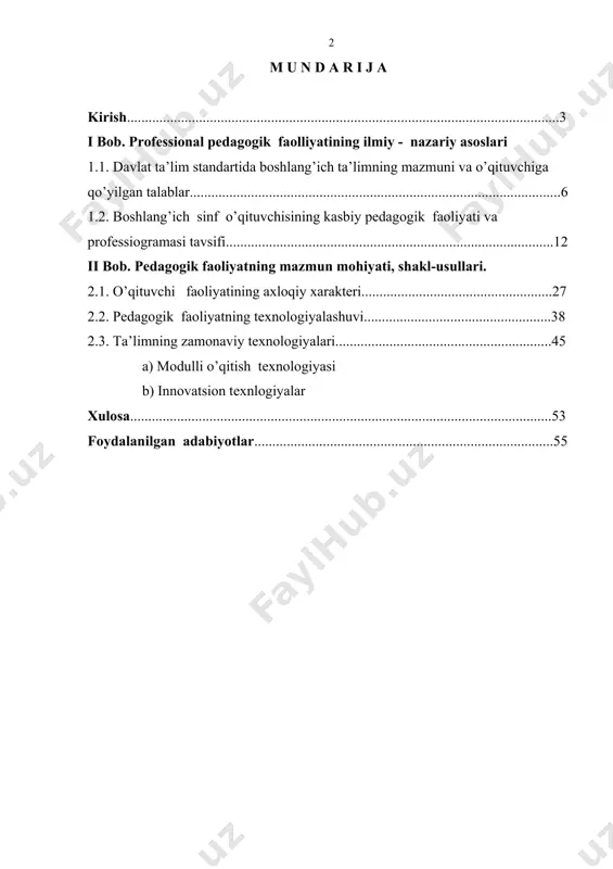 qidagi qarorlari ana shu maqsadni ro’yobga chiqarishga qaratilgan . prezidentimiz i.a.karimov alonida ta’kidlaganlaridek biz “mamlakatimizning istiqboli yosh avlodimiz qanday tarbiya topishga, qanday ma’naviy fazilatlar egasi bo’lib yetishga farzandlarimizning hayotda nechog’li faol munosabatlarda bo’lishga, qanday oliy maqsadlarga xizmat qilishga bog’liq ekanini hamisha yodda tutishimiz kerak”. shu sababli ham birinchi navbatda ta’lim mazmunini va uning tarkibini kengaytirish hamda chuqurlashtirish, xususan bu mazmunga nafaqat bilim, ko’nikma va malaka, balki umuminsoniy madaniyatni tashkil qiluvchi ijodiy faoliyat tajribasi, tevarak atrofga munosabatlarini ham kiritish mumkin. shuni ta’kidlash lozimki, ta’lim mazmuni, kadrlar tayyorlashni yaxshilash vazifalarini, jumladan boshlang’ich sinf o’qituvchisining ma’naviy -axloqiy fazilatlarini shkllantirish, bu borada m.ochilovning “o’qituvchi odobi”, “muallim qalb me’mori”, munavvarovning “pedagogika” kabi bir qancha asarlaridan foydalangan holda zamonaviy, raqobatbardosh, ma’naviy ahloqiy yetuk kadrlar tayyorlash lozim. demak bo’lajak pedagoglarga o’qituvchi odobiga doir bilim va malakalar berish zarurati pedagogik jarayonning ehtiyojlaridan ob’ektiv ravishda kelib chiqadi. ana shu nuqtai – nazarda biz tanlagan bitiruv ishi mohiyati jihatidan dolzarbdir. …