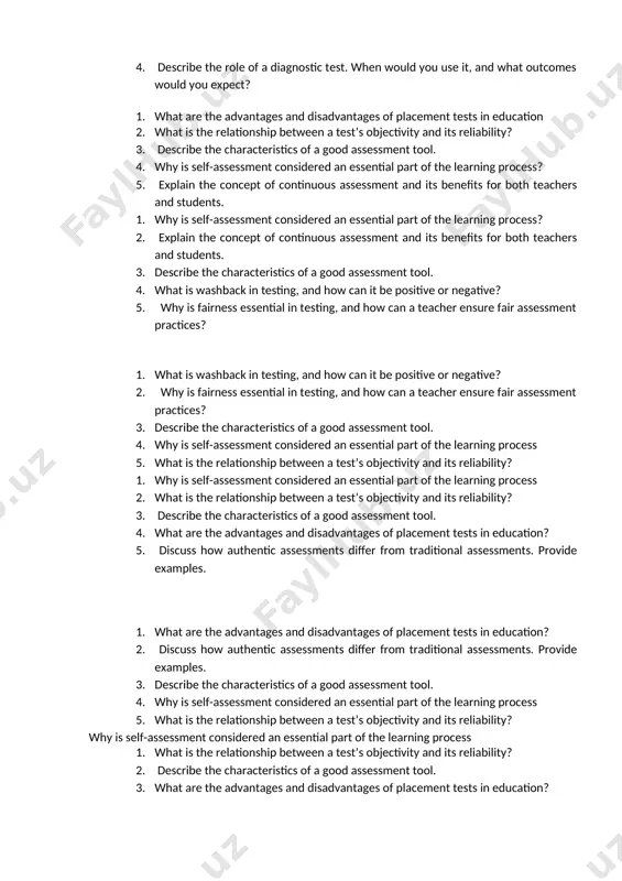 process 2. what is the relationship between a test’s objectivity and its reliability? 3. describe the characteristics of a good assessment tool. 4. compare holistic scoring and analytic scoring in the context of assessing writing tasks. 5. how can you ensure that a test is aligned with learning objectives 1. why is self-assessment considered an essential part of the learning process 2. what is the relationship between a test’s objectivity and its reliability? 3. describe the characteristics of a good assessment tool. 4. what are the advantages and disadvantages of open-ended questions in testing? 5. how can a teacher design a test to assess both lower-order and higher-order thinking skills? 1. how do formative and summative assessments differ in purpose and implementation? 2. describe the role of a diagnostic test. when would you use it, and what outcomes would you expect? 3. describe the characteristics of a good assessment tool. …
