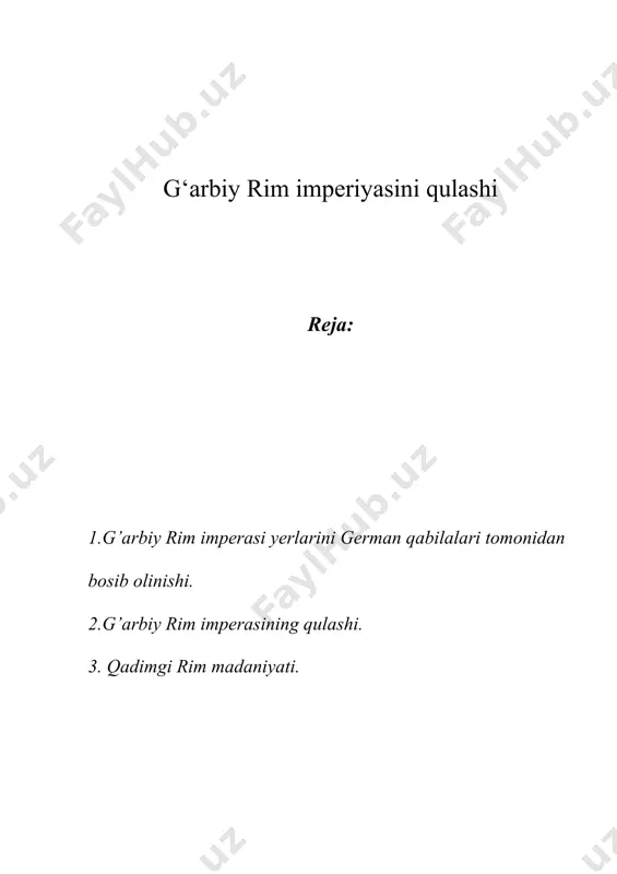 unt kumush miqdorida tovon olib qaytib ketdi. shundan so‘ng alarix rimni yana bir necha bor qamal qildi. 410-yil avgust oyida qullar shahar darvozasini ochib berdilar va varvarlar shaharni talon-taroj qilib, alarix boshchiligidagi qo‘shin janubga yurish qildilar. yo‘lda kasallangan alarix 40 yoshida vafot etdi. vestgotlar bir necha yildan keyin (419-yil) akvitaniyada o‘z qirolliklarini tuzdilar.stilixon o‘limidan keyin rimni himoya qiladigan birorta sarkarda qolmadi. 407-yilda rimliklar britaniyadan chiqib ketishga majbur boidilar. janubiy-sharqiy galliyada birgund qabilalari ispaniyaning shimoli g'arbida svevlar o‘rnashib olgan afrikada poytaxti karfagen bo‘lgan vendal qirolligi tashkil topdi . g’arbiy rim imperasining qulashi pannoniyada kelib chiqishi markaziy osiyo chomlaridan bo‘lgan xunnlar o‘mashib rimga katta xavf soldilar. atilla (434— 453-yillar) g‘ayratli sarkarda edi. u xunnlar va boshqa qabilalami birlashtirib, markaziy yevropada ko'chmanchilarni kuchli davlatini tuzdi. xunnlar bolqonga va g‘arbiy provinsiyalarga yurish qildilar. ular 450-yil boshida galliyaga bostirib kirdilar. xunnlarga qarshi rimlik sarkarda flaviy aetsiy frank, alan, burgund, vestgot va boshqa qabilalar ittifoqini tuzdi. …