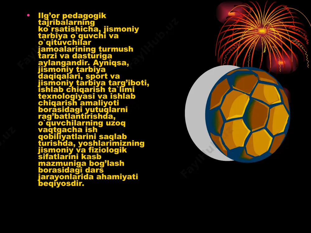 qi ko`rinishidagi garmoniya, go`zallik shaklidir. jismoniy madaniyat tarbiyaning tarkibiy qismidir. jismoniy madaniyat mazmuniga quyidagilar kiradi: inson a`zolarining tuzilishi va ularning funksional kamoloti- ichki a`zolar, nerv va harakat, suyak-muskul tizimi, badanning uyg’unligi va ularning funksional faoliyatini boshqarish. o`quvchilarning sog’lig’ini mustahkamlash. gigiyena qoidalariga ko`nikish. o`quvchilarning har tomonlama mohirligini o`stirish. bo`lajak ishchi-mehnatkashlarning jismoniy va fiziologik sifatlarini kasb ahamiyati jihatidan shakllantirish,uning ish qobiliyatini oshirish. o`quvchilarning jismoniy va yosh hususiyatlari uchun sharoit yaratish. iroda, chidamlilik, qat`iy intizom, do`stlik va o`rtoqlik hissi, kamol topish va o`z-o`zini rivojlantirish uchun harakat qilishni tarbiyalash. shaxsiy jismoniy qobiliyatlarini kamol toptirish jismoniy tarbiya mazmuni yetarli darajada kengdir. ularni amalga oshirish yoshlarimizning turmush tarzini, jismoniy madaniyat va sport asosida mazmunli shakllanishini ta`minlaydi. yuqoridagi sifatlar, doimiy mashqlar asosida har bir shaxsda o`z badaniga va uning go`zal bo`lishiga intilish,shaxsiy sog’lig’ini jamiyat taraqqiyoti bilan, xalq madaniyati bilan bog’lash sifatlari shakllanadi. jismoniy tarbiya ta`lim mazmunida ham qaror topadi. uning vazifasiga o`quvchilarda tanlangan sohaga aloqador ko`nikma va …