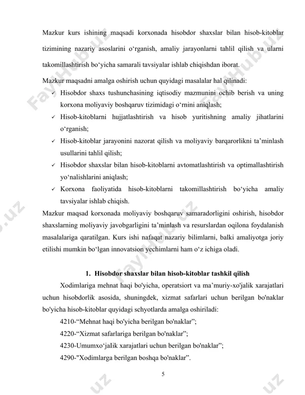 ablag‘larni korxona rahbariyati tomonidan belgilangan maqsadlarga muvofiq sarflashi kerak. · mablag‘lardan boshqa maqsadlarda foydalanish qoidabuzarlik hisoblanadi. · xarajatlarni hujjatlashtirish: · hisobdor shaxs mablag‘ning ishlatilishini tasdiqlovchi barcha hujjatlarni (masalan, hisob-faktura, chek, shartnoma) taqdim etishi kerak. · moliyaviy hisobot taqdim etish: · hisobdor shaxs ma’lum muddat ichida sarf qilingan mablag‘lar bo‘yicha batafsil hisobot berishi shart. · agar mablag‘ ortib qolgan bo‘lsa, uni qaytarishi lozim. hisobdor shaxsning vakolatlari va javobgarligi: · vakolatlar: mablag‘lardan belgilangan maqsadlar doirasida foydalanish va kerakli moliyaviy operatsiyalarni amalga oshirish. · javobgarlik: mablag‘ni maqsadsiz ishlatgan yoki hisobotni noto‘g‘ri taqdim etgan taqdirda javobgarlikka tortilishi mumkin. hisobdor shaxs bilan bog‘liq holatlar: korxonada hisobdor shaxslar odatda quyidagi holatlarda aniqlanadi: · xizmat safariga yuborish: xodimga xizmat safarida ketadigan xarajatlarni qoplash uchun mablag‘ ajratiladi. · tadbir va ishlarni moliyalashtirish: tashkiliy yoki xo‘jalik xarajatlari uchun hisobdor shaxsga mablag‘ beriladi. · shartnomaviy majburiyatlar: hisobdor shaxs bajarishi kerak bo‘lgan maxsus topshiriqlar uchun ajratilgan mablag‘lar. hisobdor shaxsning o‘rni va …