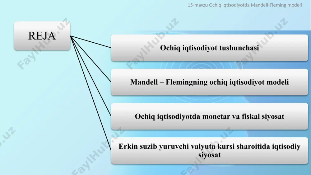 tavkasiga amalda ta’sir koʻrsata olmaydi. kichik ochiq iqtisodiyot jamgʻarmalari va investitsiyalari – jahon jamgʻarmalari va investitsiyalarining juda kichik miqdorini tashkil etganligi sababli jahon moliyaviy bozorlaridagi shart-sharoitlarga koʻra belgilangan jahon foiz stavkasi bu iqtisodiyotda belgilab berilgan (ekzogen) koʻrsatkich sifatida qabul qilinadi. 15-mavzu ochiq iqtisodiyotda mandell-fleming modeli kichik ochiq iqtisodiyot va katta ochiq iqtisodiyot oʻzaro farqlanadi. katta ochiq iqtisodiyot – koʻlami yirikligi sababli foiz stavkasi mamlakatning ichida roʻy berayotgan jarayonlarning jiddiy ta’sirida shakllanadigan iqtisodiyotdir. katta ochiq iqtisodiyot - jahon jamgʻarmalari va investitsiyalarining katta qismiga egalik qilayotgan yirik mamlakat (aqsh, xxr, germaniya, yaponiya, rossiya va boshq.) iqtisodiyotidir. bunday mamlakatlar jahon moliya stavkasiga ta’sir koʻrsata oladi. 15-mavzu ochiq iqtisodiyotda mandell-fleming modeli ochiq iqtisodiyot 15-mavzu ochiq iqtisodiyotda mandell-fleming modeli ochiq iqtisodiyotning asosiy koʻrsatkichlari quyidagilardir: yaimdagi tashqi savdo kvotasi; ishlab chiqarish hajmidagi eksport ulushi; iste’mol tarkibidagi importning ulushi; investitsiyalar hajmidan xorijiy investitsiyalarning ulushi robert mundell - (october 24, 1931 – april 4, 2021) mundellning ilmiy ishlari …
