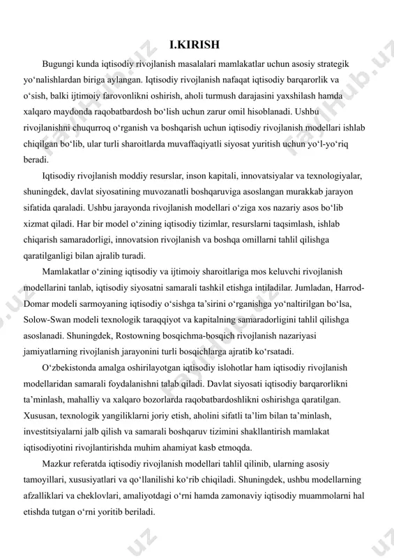 infratuzilmani yaxshilash kabi kengroq o'lchovlarni o'z ichiga oladi. bunday keng qamrovli taraqqiyotga erishish uchun rivojlanish modellari iqtisodiy natijalarga ta'sir qiluvchi turli xil omillarni, shu jumladan texnologik innovatsiyalar, resurslarni taqsimlash, institutsional boshqaruv va madaniy dinamikani hal qilishga mo'ljallangan. tarix davomida o'sishni tushuntirish va engillashtirish uchun turli xil iqtisodiy rivojlanish modellari taklif qilingan. harrod-domar va solov-oqqush kabi klassik modellar kapital to'planishi va texnologik taraqqiyotni iqtisodiy kengayishning asosiy omillari sifatida ta'kidlaydi. masalan, harrod-domar jamg'arma, investitsiya va o'sish o'rtasidagi bog'liqlikni ta'kidlab, yuqori jamg'arma stavkalari tezroq iqtisodiy rivojlanishga bevosita hissa qo'shishini ko'rsatadi. aksincha, solov-oqqush modeli texnologik taraqqiyot va kapitalga qaytishning kamayishi ahamiyatini ochib beradi va innovatsiya barqaror uzoq muddatli o'sishning asosiy omilidir. iqtisodiy rivojlanishning zamonaviy yondashuvlari xilma-xil bo'lib, xulq-atvor iqtisodiyoti, ekologik barqarorlik va global o'zaro bog'liqlik tushunchalarini o'z ichiga oladi. rostovning iqtisodiy o'sish bosqichlari kabi modellar infratuzilma va investitsiyalarning rolini ta'kidlab, an'anaviy agrar iqtisodiyotlardan etuk sanoatlashgan davlatlarga jamiyatlarning chiziqli rivojlanishini belgilaydi. shu bilan bir qatorda, …
