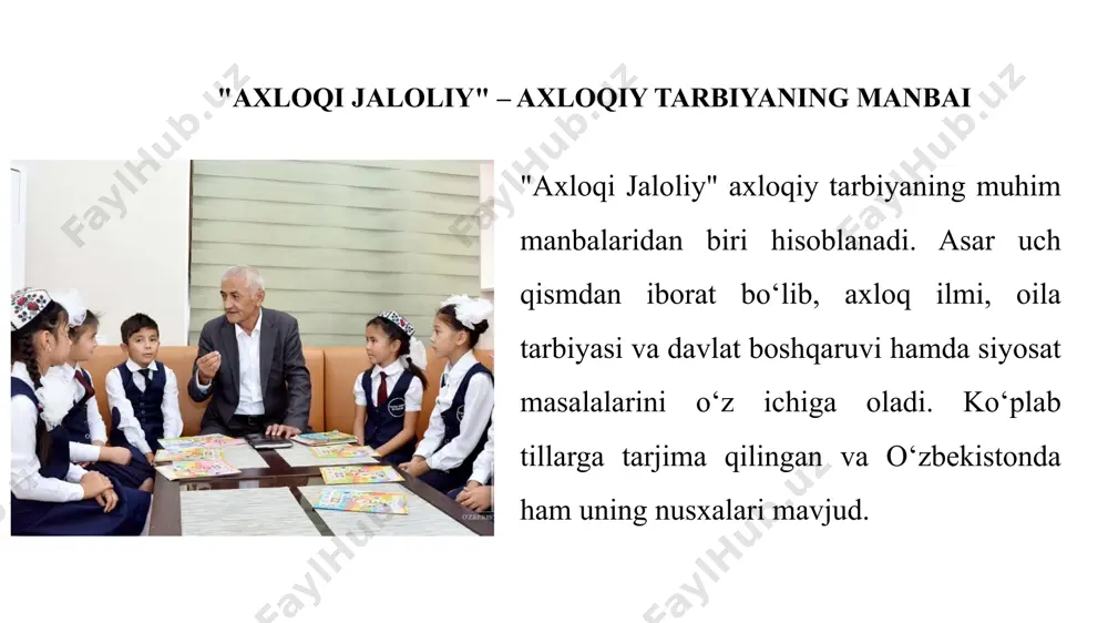 boshqarmasa, hayvon darajasiga tushadigan his 6. insoniy fazilatlarning biri 7. aql bo‘ysunsa, inson qadri tushadigan narsa gorizontal 2. aqliy qobiliyatni rivojlantirish uchun kerak bo‘lgan fazilat (zehn) 4. davoniy umrining oxirida yashagan qishloq (davon) 8. jaloliddin davoniyning eng mashhur axloqiy asari (axloqijaloliy) 9. yoshligida qiziqqan ilmi (fiqh) 10. davoniy yashagan davlatlardan biri (eron) vertikal 1. inson shijoati va jasurligi bilan bog‘liq kasblar (shijoat) 3. idavoniy g‘azabni qanday ruhiy holat deb hisoblaydi (kasallik) 5. inson boshqarmasa, hayvon darajasiga tushadigan his (gazab) 6. insoniy fazilatlarning biri (adolat) 7. aql bo‘ysunsa, inson qadri tushadigan narsa (hissiyot) image1.png image2.png image3.png /docprops/thumbnail.jpeg