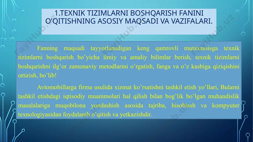ovatsiya (g’oya)larini amalda joriy qilish lozimligi yoritiladi. texnik tizimlar va ularni xossalari tizimning zamonaviy tushunchasi - bu ma’lum yaxlitlikni tashkil etuvchi va o‘zaro bog‘liqlikda bo‘lgan element va kichik tizimlar birligidir. murakkabligi har xil bo‘lgan tizimlarga misol: qator korxona va tashkilotlardan tashkil topgan xolding kompaniyasi: qator ustaxona, xizmat bo‘limlari ijrochilardan tashkil topgan avtotransport korxonasi (atk) yoki texnik xizmat ko‘rsatish stantsiyasi (txks); qator agregat va boshqalardan tashkil topgan avtomobil. tizimlar kichik tizimlar (elementlar) transport kompleksi avtomobil transporti yo‘l xo‘jaligi temir yo‘l transporti daryo transporti va boshqalar avtomobil transporti kommertsiya ekspluatatsiyasi texnikaviy ekspluatatsiya boshqarishni kichik tizimi avtomobil agregatlar mexanizmlar tizimlar detallar avtotransport korxonalari ustaxonalar tsexlar avtosaflar xizmat bo‘limlari tizimlar va kichik tizimlar (1-jadval) tizim elementlari: tizimlar bo‘lishi mumkin: texnikaviy – avtomobil; odam-mashina – avtomobil-haydovchi; ishlab chiqarish iqtisodiy – atk, firma; ijtimoiy (xodim, aholini har xil guruhlari) va boshqalar. tizim elementi - bu ushbu tizim vazifasi chegarasida boshqa bo‘linishga yo‘l qo‘yilmaydigan va ma’lum funktsiyani …