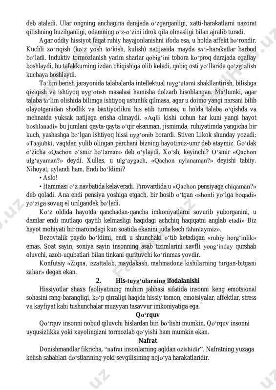 .pavlov tirik mavjudodlarning atrofimizdagi muhitga moslashuviga hosil qiladigan, buziladigan dinamik stereotiplar orqali biror hissiyot va emotsional kechinmalarning ijobiy va salbiy sifatlarini tushuntirib beradi. dinamik stereotip deganda, tashqi qaytarilish natijasida hosil qilingan shartli reflekslar, nerv bog‘lanishlarining barqaror tizimi tushuniladi. moslashish harakteriga oid bo‘lgan, ya‘ni ovozning o‘zgarishi, mimika, imo-ishora, organizmda sodir bo‘ladigan jarayonning qayta o‘zgarishidan iborat ixtiyorsiz va ongli harakatlar psixologoiyada emotsional harakatlarning expressiv tomoni deb ataladi. his-tuyg‘uni boshdan kechirishning turli shakllari: emotsiya-hissiyot, affekt, kayfiyat, kuchli hayajonlanish (stress holati) kiradi. emotsiyalar – ruhiy hayajonlanish, ruhiy harakatlanish degan ma‘noni anglatadi (qo‘rquvdan titrash va h.k.). kishini tez chulg‘ab oladigan va shiddat bilan o‘tib ketadigan jarayonlar affektlar (hissiy portlashlar) deb ataladi. ular ongning anchagina darajada o‘zgarganligi, xatti-harakatlarni nazorat qilishning buzilganligi, odamning o‘z-o‘zini idrok qila olmasligi bilan ajralib turadi. agar oddiy hissiyot faqat ruhiy hayajonlanishni ifoda esa, u holda affekt bo‘rondir. kuchli zo‘riqish (ko‘z yosh to‘kish, kulish) natijasida mayda sa‘i-harakatlar barbod bo‘ladi. induktiv tormozlanish yarim sharlar …