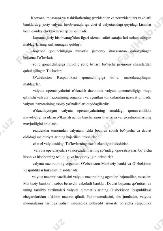 qo’mitasi nazorat qiladi. chet el valyutasi bilan amalga oshiriladigan bank operatsiyalariga quyidagilar kiradi: · mijozlarning valyuta hisobvaraqlarini olib borish; · nosavdo operatsiyalar; · o’zbekiston vakolatli banklari va chet el banklari bilanvakillik aloqalarini o’rnatish; · tovarlar va xizmatlarning eksporti va importi bilan bog’liqbo’lgan xalqaro hisob-kitoblar; · ichki valyuta bozorida chet el valyutasini sotish va sotib olish; · o’zbekiston respublikasi hududida valyuta mablag’larinijalb qilish va joylashtirish; · xalqaro pul bozorlarida kredit operatsiyalari; · xalqaro pul bozorlarida depozit va ayirboshlash operatsi-yalari. tijorat banklari yuqoridagi operatsiyalarni faqatgina markaziy bankning mos litsenziyasi mavjud bo’lgandagina amalga oshiradi. tranzit valyuta hisobiga chet el valyutasidagi tushumlar to’laligicha kirim qilinadi. joriy valyuta hisobida esa eksport tushumining bir qismini majburiy sotishdan so’ng korxonaning ixtiyorida qolgan valyuta mablag’lari hisobga olinadi. korxonaning valyuta hisobiga quyidagi tushumlar kirim qilinishi mumkin: · tovarlar, bajarilgan ishlar va ko’rsatilgan xizmatlar uchunchet eldan jo’natilgan eksport tushumi; · ichki bozorda amaldagi qonunchilikka mos ravishda sotibolingan valyuta mablag’lari; · …