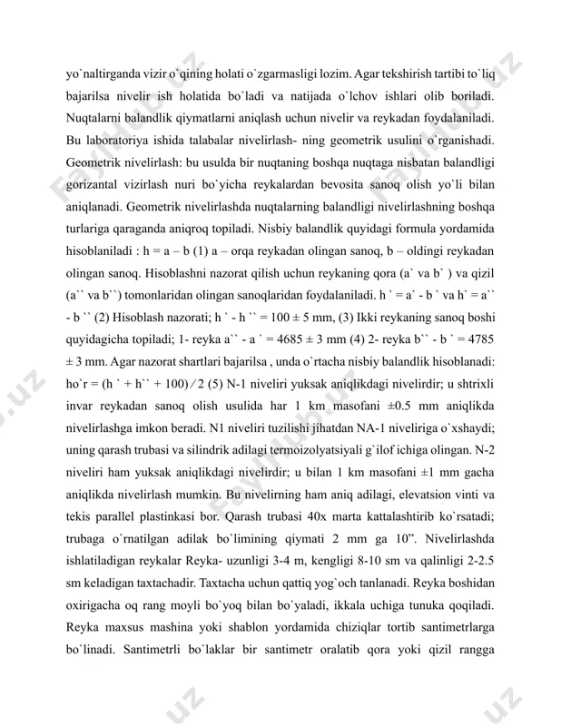q olish yo`li bilan aniqlanadi. geometrik nivelirlashda nuqtalarning balandligi nivelirlashning boshqa turlariga qaraganda aniqroq topiladi. nisbiy balandlik quyidagi formula yordamida hisoblaniladi : h = a – b (1) a – orqa reykadan olingan sanoq, b – oldingi reykadan olingan sanoq. hisoblashni nazorat qilish uchun reykaning qora (a` va b` ) va qizil (a`` va b``) tomonlaridan olingan sanoqlaridan foydalaniladi. h ` = a` - b ` va h` = a`` - b `` (2) hisoblash nazorati; h ` - h `` = 100 ± 5 mm, (3) ikki reykaning sanoq boshi quyidagicha topiladi; 1- reyka a`` - a ` = 4685 ± 3 mm (4) 2- reyka b`` - b ` = 4785 ± 3 mm. agar nazorat shartlari bajarilsa , unda o`rtacha nisbiy balandlik hisoblanadi: ho`r = (h ` + h`` + 100) ⁄ 2 (5) n-1 niveliri yuksak aniqlikdagi nivelirdir; u shtrixli invar reykadan sanoq olish usulida har …