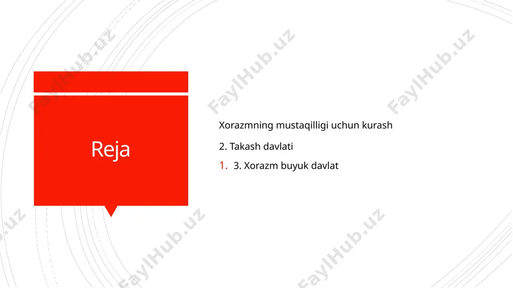 ni bor edi. xorazmshohlar davlatining siyosiy tizimi ancha samarali edi. unda devon bosh idora hisoblanar edi. devon tepasida turgan vazir davlat ichki va tashqi siyosatini oʻz qoʻli ostidagi xodimlar orqali amalga oshirar edi. takashning xotini turkonxotun tufayli xorazmga kelgan turk zodagonlari va qipchoqlar davlatning barcha mas’uliyatli lavozimlarini va qoʻshinda qoʻmondonlik oʻrnini egallaydilar takashdan soʻng uning oʻgʻli sulton muhammad alovuddin (1200-1220) ham xorazm davlatini kengaytirish siyosatini davom ettiradi. dastlab u xirot va uning atroflari hamda xurosonning xorazm davlatiga kiritilmagan viloyatlarini egalladi, u qoraxoniylarga zarba berib, movarounnahrni ular qoʻlidan tortib olishga harakat qildi. xiii asr boshida xorazm juda keng maydonni egallagan buyuk davlatga aylangan edi. uning shimoliy-gʻarbiy va harbiy chegarasi orol va kaspiy dengizi sohillaridan janubiy gʻarbda iroqqa qadar borar edi. janubiy-sharqiy hududlari qazna viloyatidan, shimoliy-sharqiy chegarasi esa yettisuv va dashti qipchoqdan oʻtar edi. bu ulkan davlatning poytaxti urganch shahri edi. biroq qoʻlga kiritilgan muvaffaqiyatlar xorazmshoh alovuddin muhammadni esankiratib qoʻydi u oʻzini …