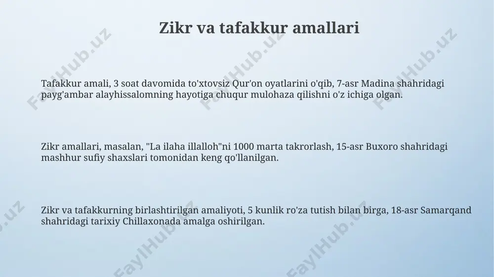 a yordam beradi. qalb pokligi tasavvufda "tazkiya" deb ataladi va bu jarayon 5 bosqichdan iborat bo'lib, shaxsiy mukammallikka erishish va 1001 ta ibodatni bajarish orqali xudo bilan birlashishga yetadi. tasavvufning 7 asosiy yo'nalishlaridan biri bo'lmish naqshbandiya tariqati, 14-asrda buxoroda paydo bo'lib, qalb pokligini 40 kunlik xalos qilish amaliyoti orqali ta'minlashga urg'u beradi. pirimiz va murshidimiz pirimiz va murshidimiz, tarixiy manbalarda 12-asrga oid buxoro madrasalarida ta’lim olganligi haqida ma’lumotlar mavjud boʻlib, ularning 70 dan ortiq shogirdlari boʻlgan. pirimiz va murshidimizning yozma merosida, samarqand va xorazm viloyatlariga oid 3 ta muhim diniy risola va 5 ta she’riy toʻplam saqlanib qolgan. ularning ta’limoti, 15-asrda turli mintaqalarda, jumladan, qashqadaryo va fargʻona vodiylarida 200 dan ortiq muqaddas ziyoratgohlar qurilishiga asos boʻlgan. zamonaviy dunyoda sufizm zamonaviy dunyoda sufizmning 700 dan ortiq tarixiy manbalar va 15 ta mintaqada tarqalgan turli xil tarmoqlari mavjud boʻlib, ularning ba'zilari global miqyosda faoliyat yuritmoqda. 21-asrda sufizmning zamonaviy ijtimoiy muammolarga, jumladan, 30 …