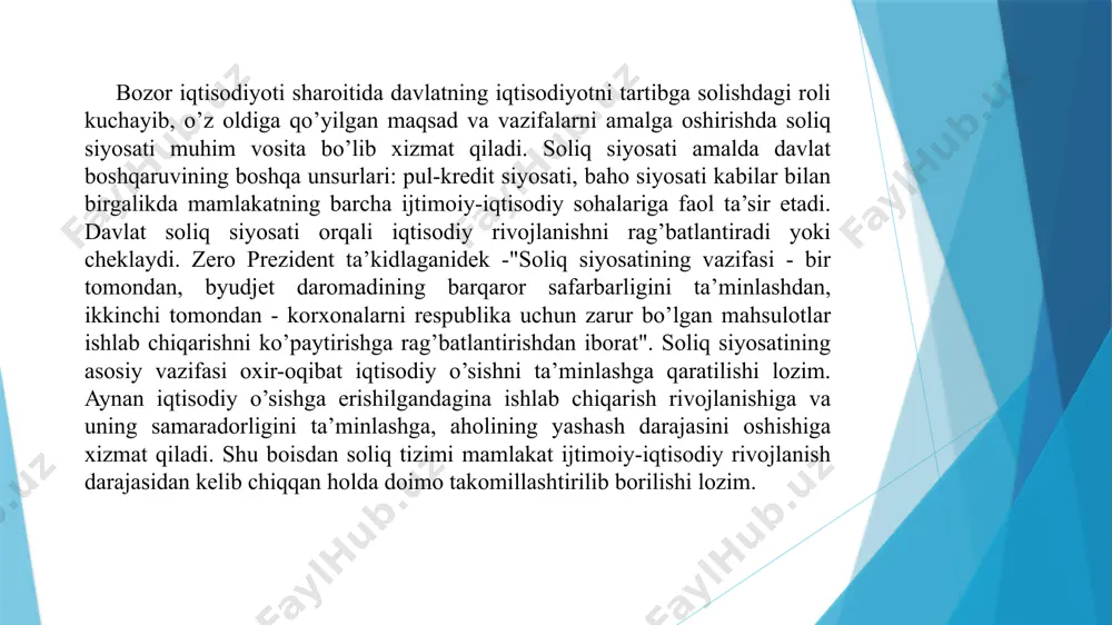 gan bozor iqtisodiyotiga o’tish konsepsiyasiga asoslanadi. agar soliq konsepsiyasi qanchalik chuqur ilmiy asosga ega bo’lsa, soliq siyosatining barqarorligi shunchalik mustahkam ta’minlanadi. o’z navbatida soliq konsepsiyasi esa soliqlar sohasidagi chuqur ilmiy tadqiqot ishlari hamda soliq amaliyotida orttirilgan boy tajribalarni o’zaro uyg’unligiga asoslangan g’oyalarning samaradorligiga bog’liq bo’ladi. amalga oshirilishi lozim bo’lgan tadbirlar xususiyati va muddatini e’tiborga olib soliq siyosati: soliq siyosati strategiyasi soliq siyosati taktikasiga bo’linadi. soliq siyosati taktikasiesa belgilangan soliq siyosati strategiyasi ijrosini ta’minlovchi, tez-tez o’zgarib turuvchi sayi-harakatlarni bildiradi, ya’ni qisqa muddatli va kichik masshtabli moliyaviy chora-tadbirlarni hal qilishga qaratilgan yo’nalishlar majmuasi - soliq siyosati taktikasi sifatida qaraladi. soliq siyosati strategiyasi soliq siyosati taktikasiga nisbatan barqaror, ya’ni kam o’zgaruvchan bo’lib, ularning barchasi bir-biriga bog’liq holda, bir-birini to’ldirib turadi hamda yaxlit holda soliq siyosatinining mohiyatini tashkil qiladi. mamlakatdagi ijtimoiy va iqtisodiy jarayondan kelib chiqqan holda soliq siyosatining maqsadlari belgilanadi. shuningdek, soliq siyosatining maqsadlari jamiyatning ijtimoiy-iqtisodiy rivojlanish darajasi, mamlakat iqtisodiyotini strategik rivojlanish vazifalari, …