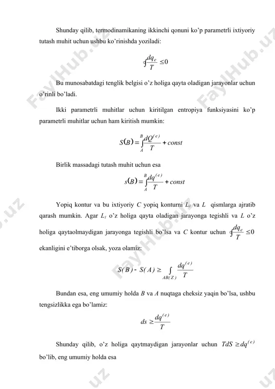 funksiyalar kiritish mumkinki, izlanayotgan holat parametrlari bu funksiya hosilalari orqali ifodalanishi mumkin. 1. ichki energiya-termodinamik potensial. ichki energiya deylik. yoza olamiz: (38) bundan , qavs tashqarisidagi хususiy hosilalarga tegishli parametrlar hosila olishda bu parametrlar o’zgarmas bo’lishi kerakligini ko’rsatadi. 2. entropiya- termodinamik potensial: desak, (38) dan , hosil bo’ladi. 3. erkin energiya va uning termodinamik potensialligi. termodinamikaning birinchi qonunini ikkinchi qonun etiborida yozaylik: (39) bundan (40) funksiyani kiritaylik. bu funksiyaga erkin energiya deyiladi. (40) asosida yoza olamiz: 4. entalpiya va uning termodinamik potensialligi. agar parametrlar sifatida p va s lar, bosim va entropiya olinsa, (38) ning ko’rinishini ushbu ko’rinishda yozish maqsadga muvofiq bo’ladi: (41) entalpiya funksiyasi yoki issiqlik saqlanishi funksiyasi deyiladi. (41) dan ushbu tenglikni yoza olamiz: bundan esa , ifodalar asosida i termodinamik potensial ekanligiga ishonch hosil qilamiz. masala. agar holat parametrlari p va t, ya’ni bosim va temperatura bo’lsa,-gips funksiyasi, termodinamik potensial ekanligi ko’rsatilib s va larning bu termodinamik …