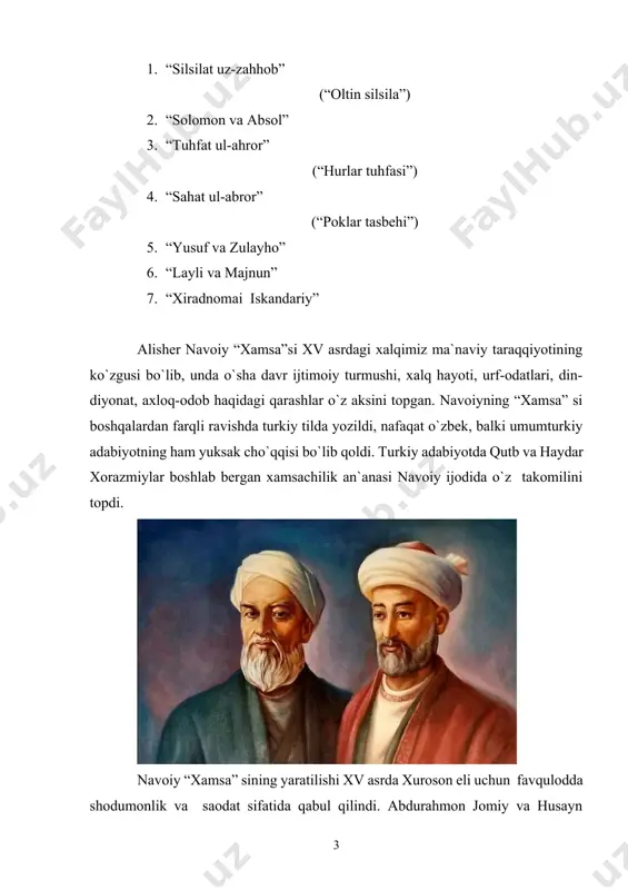 d dan iborat, deb aytadi. chunki ilohiy ishq yuragiga olov solgan odamning nasibasi hijron qiynoqlari; u o`zi bilan iloh orasida to`siq bo`lib turgan dunyo va jismdan qutilish iztiroblarini chekishi shart. hoqon doimiy egaligin, hazin yurgan o`g’lining ko`nglini ko`tarish maqsadida har xil tadbirlar qo`llaydi (tomoshalar uyushtiradi, 4 ta qasr qurdiradi, tabibga ko`rsatadi). bu orqali navoiy ilohiy ishq dardida yongan odam bilan “foniy dunyo” kishilari o`rtasidagi farqni ko`rsatib bergan. farhodning o`zligini anglashi uchun zo`r qobiliyat bilan egallagan bilimlari, qoran va moniydan o`rgangan hunarlari kifoya qilmaydi. u suluk yo`liga kirib, ma`rifat manzillarini bosib o`tishi lozim. farhodning hoqon xazinasidagi ko`zguni bilur sandiqdan ololmay yunoniston safariga suqrot huzuriga otlanishiga zarurat shundan kelib chiqqan. farhod avval sulayho bilan uchrashadi. sulayho – farhodning tariqat yo`lidagi birinchi piri, u suqrot darajasida komil emas. oina sehrini ochishga qurbi yetmaydi. ammo farhodga suqrotga borish yo`lini ko`rsata oladi. sulayho farhodni yengib o`tishi kerak bo`lgan to`siqlarlar-ajdaho va devdan xabar beradi. ajdaho-nafs timsoli, …