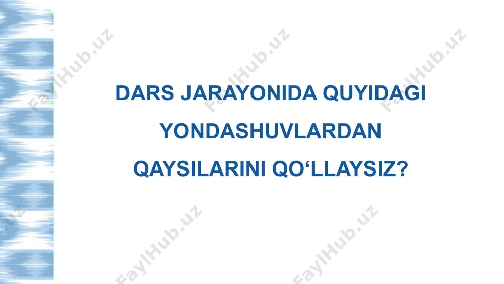 huvlar ilmiy asosga ega ekanini tasdiqlaydi. 9 so‘rovga asoslangan ta’lim so‘rovga asoslangan ta’limda muammoni hal etish bosqichlarida beriladigan so’rovlar izohi keltirildi: 1. yo‘nalish olish masalani kuzatish va o‘rganishga oid o‘quvchilar mavjud muammoni ko‘radi, qiziqadi va o‘rganishga tayyorlanadi. 2. loyihalash savol-javob, taxmin, aqliy hujum o‘quvchilar savollar beradi, taxmin qiladi, gipoteza ilgari suradi. 3. izlanish tajriba o‘tkazish, ma’lumot yig‘ish va tahlil qilish amaliyot, tajriba, kuzatuv, so‘rovnoma, tahlil ishlari olib boriladi. 4. xulosa chiqarish yechimlar taklif qilish olingan natijalar asosida xulosalar chiqariladi, yechimlar ishlab chiqiladi. 5. muhokama qilish muloqot qilish va rivojlanish guruhda fikr almashiladi, taqdimot qilinadi, fikrlar boyitiladi. 10 savol berish va mulohaza yuritish savol berish nima uchun muhim? o‘quvchini faol ishtirokchi qiladi muammoni chuqur tushunishga olib keladi mustaqil fikrlashni rag‘batlantiradi tadqiqotga yo‘naltiradi savollar qanday bo‘ladi? ochıq savollar: nima uchun bu hodisa sodir bo‘ladi? -fikr yuritish, izlanishga undash tushuntiruvchi: qanday qilib bu muammo hal qilinishi mumkin? -tahlil qilish farazga asoslangan: agar shunday …
