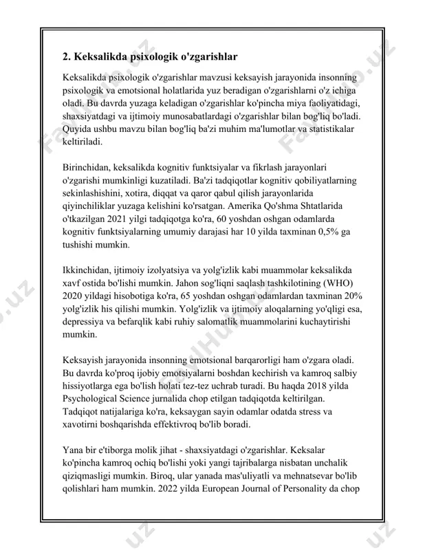 qoidalar, ya'ni boshqalarga nisbatan adolatli va hurmatli bo'lishni o'z ichiga oladi. - **mahorat va bilimlar (skills and knowledge):** insonning kasbiy va shaxsiy jihatlarini rivojlantirish uchun muhim hisoblanadi. - **o'rganish va rivojlanish (learning and development):** inson hayoti davomida yangi ko'nikmalarni o'rganish va rivojlantirish harakatida bo'lishi kerak. 4. **o'sish uchun amaliyotlar (practices for growth):** - **hayotni rejalashtirish:** maqsadlar qo'yish va ularni amalga oshirishning turli yo'llarini topish. - **kundalik mulohaza (journaling):** his-tuyg'ularni va kundalik voqealarni yozib borish orqali o'z-o'zini tahlil qilish. - **o'qish va o'rganish:** kitoblar, kurslar va seminarlar orqali bilimni kengaytirish. 5. **ijtimoiy o'sish (social growth):** - ijtimoiy munosabatlarni olib borish va boshqalar bilan samarali aloqa o'rnatish. - tinchlik va konfliktni bartaraf qilish usullarini o'rganish. 6. **etuklik yoshi:** - turli tadqiqotlarga ko'ra, inson umrining 30-40 yoshlari oralig'i etuklik davri hisoblanadi, lekin bu jarayon butun umri davomida davom etishi mumkin. - har 5 kishidan 3 nafari o'zini 50 yoshida etuk deb hisoblamoqda. 7. …