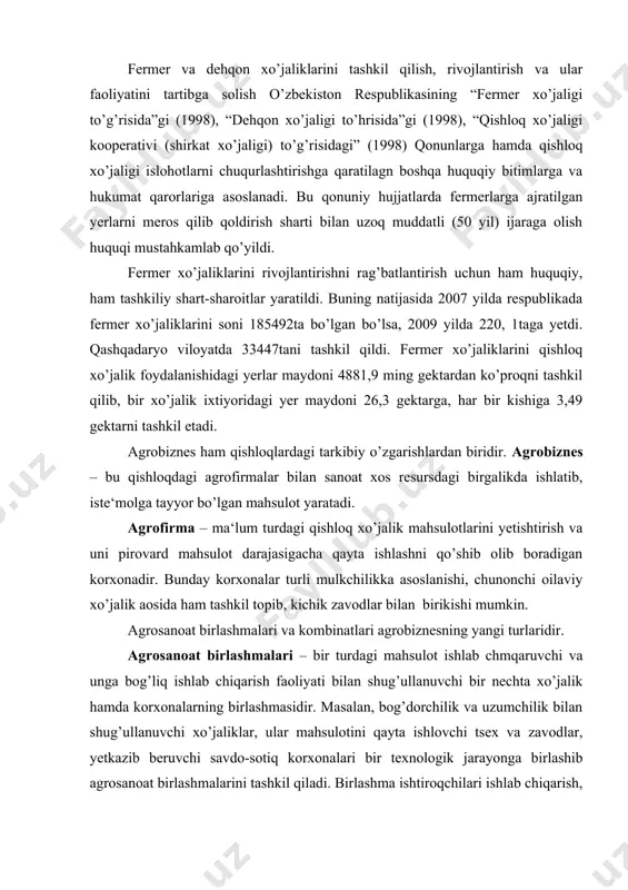 tadi, chunki agrar sohadagi ishlab chiqarish tirik mavjudotlar – yer, o’simlik, chorva mollari bilan bevosita bog’liqdir. bu yerda yer - mehnat ashyosi (predmeti) va asosiy ishlab chiqarish vositasi, xo’jalik yuritish ob‘ekti bo’lib, u eskirmaydi, yeyilmaydi, unga munosabat yaxshi bo’lsa, uning unumdorligi yaxshi bo’ladi. uzoq yillar davomida tabiiy o’zgarishlar natijasida yerning ustki qatlamida o’simlik “oziqlanishi” mumkin bo’lgan turli moddalarning vujudga kelishi yerning tabiiy unumdorligi deyiladi. agrar tuproq unumdorligi kishilarning tabiatga ta‘siri natijasida, ya‘ni tuproq tarkibi va dehqonchilik usullarini yaxshilash sun‘iy yo’l bilan (masalan, yerni organik va kimyoviy o’g’itlash, ishlab chiqarishni mexanizatsiyalash, ilmiy asoslangan sug’orish, irrigatsiya va melioratsiya kabi ishlab chiqarish usullarini joriy qilish hamda shu kabi yo’llar bilan) amalga oshirilsa, bu iqtisodiy unumdorlikni tashkil qiladi. qishloq xo’jaligida foydalanadigan barcha ishlab chiqarish vositalari xususiy, shaxsiy, jamoa mulk shaklida bo’lish mumkin. hozirgi paytda qishloq ho’jaligida xo’jalik yuritishning asosiy ko’rinishlari fermer va dehqon shakllarida bo’lib, ulardan ishlab chiqarish jarayonlari turli iqlim va tuproq sharoitlaridan …
