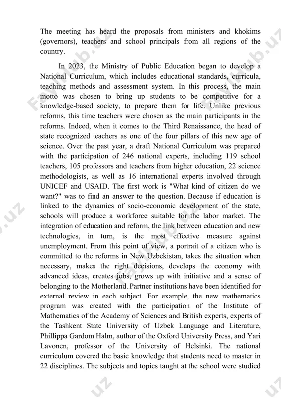 socio-economic development of the state, schools will produce a workforce suitable for the labor market. the integration of education and reform, the link between education and new technologies, in turn, is the most effective measure against unemployment. from this point of view, a portrait of a citizen who is committed to the reforms in new uzbekistan, takes the situation when necessary, makes the right decisions, develops the economy with advanced ideas, creates jobs, grows up with initiative and a sense of belonging to the motherland. partner institutions have been identified for external review in each subject. for example, the new mathematics program was created with the participation of the institute of mathematics of the academy of sciences and british experts, experts of the tashkent state university of uzbek language and literature, phillippa gardom halm, author of the oxford university press, and yari lavonen, professor of the university of helsinki. the …