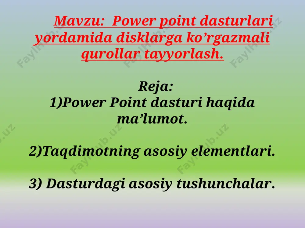 muloqot varaqlari hisoblanadi. unda biror maqsad bilan yaratilayotgan namoyish elеmеntlari joylanadi. slayd deganda nimani tushunasiz? power point dasturining menyulari deganda nimani tushunasiz? microsoft power point dasturining menyusi. power point taqdimotlar muxarririning menyusi oynani yuqori qismida joylashgan bo’lib u 8 bo’limdan iborat: fayl, pravka, vid, vstavka, format, servis, tablitsa va okno. bu bulimlar yordamida biz taqdimot, slayd va ularda joylashgan xar xil matn, rasm hamda boshqa istalgan ob’ektlar ustidan xar xil amallarni bajarishimiz mumkin.endi bu bo’limlar bilan yaqinroq tanishaylik. fayl menyusi buyruqlarining mazmunini tavsiflang. vstavka menyusi buyruqlarining mazmunini tavsiflang. image3.jpeg image4.png image5.png /docprops/thumbnail.jpeg