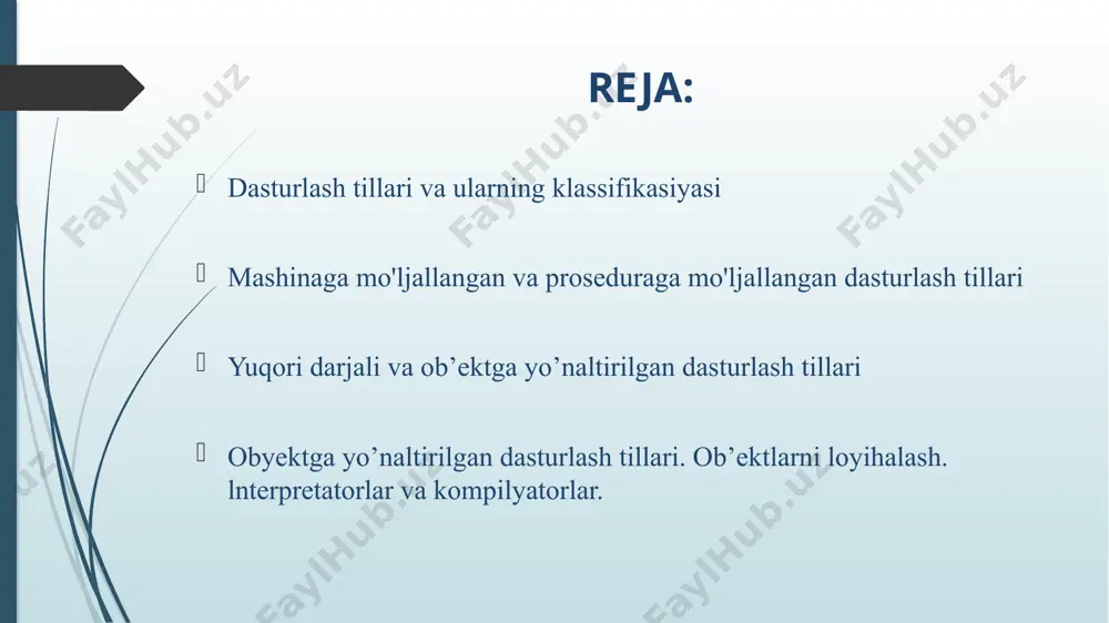 l labsda biyarne stroustrup tomonidan c dasturlash tilining imkoniyatlarini kengaytirish va oop(object oriented programming) xususiyatini kiritish maqsadida ishlab chiqarilgan. boshida „c with classes" deb atalgan, 1983-yili hozirgi nom bilan yaʼni c++ deb oʻzgartirilgan. dasturlash tillari dasturlash tillari obyektga yo‘naltirilgan dasturlash obyekt – obyektga yo‘naltirilgan dasturlash(oyd) texnologiyasining eng asosiy kalit tushunchasidir. obyektga mo’ljallangan dasturlash (omd) modulli dasturlashdan keyingi mantiqiy pog’onani egallaydi, u modulga nasldan-naslga o’tishni va polimorfizmni qo’shadi. omd dan foydalanr ekan, dasturchi dasturni bir qator oliy darajali obyektlarga bo’lish yo’li bilan tizimlashtiradi. har bir obyekt hal qilinayotgan muammoning ma’lum bir tomonini modellashtiradi. omd yordamida ishlab chiqilgan dastur hal qilinayotgan muammoning amaldagi modeli bo’lib xizmat qiladi. obyekt - dastur konsturksiyasi bo’lib, unda holat va hatti-xarakat inkapsulalangan bo’ladi. obyekt holati bu ichki obyekt o’zgaruvchanlari qiymatlarining yig’indisidir. ichki o’zgaruvchan deb obyekt ichida saqlanadigan qiymatga aytiladi. mohiyat e’tibori bilan, obyekt bu sinfning ekzemplyari (nushalaridan biri)dir. omd, haqiqiy dunyo kabi, obyektlardan tashkil topadi. obyektga mo’ljallangan …