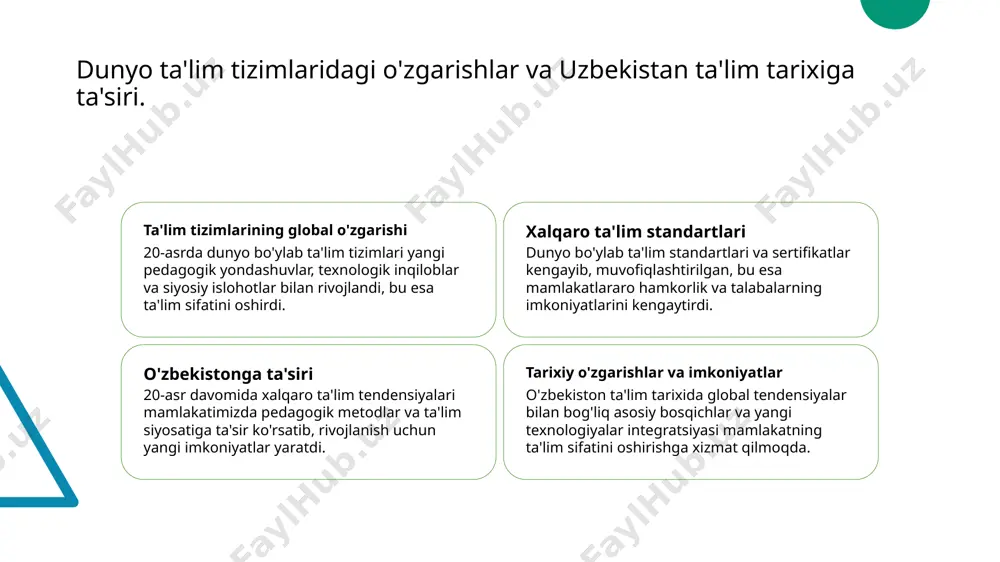 exnologiyalar o'qitish jarayonini samarali qilish uchun muhim bo'lib, shaxsiy yondashuv va o'qituvchilarning roli o'zgarib bormoqda. globallashuv va milliy ta'lim tizimlari o'zaro ta'siri globallashuv ta'lim sifatini oshirdi, xalqaro standartlar va hamkorlik rivojlanmoqda, bu esa o'zbekiston ta'limini global muhitga moslashtirish imkoniyatini kengaytirdi. foydalanilgan adabiyotlar 1. akbarov, a. m. (2019). xx asrda dunyo ta'lim tizimlarining rivojlanishi va asosiy tendensiyalar. o‘zbekiston respublikasi ta'lim va fan institutlari jurnali. 2. mamatov, m. (2020). globallashuv sharoitida ta'lim metodlari va siyosatlarning o‘zgarishi. ta'lim nazariyasi va amaliyoti jurnal, 15(3), 45-58. 3. qodirov, a. (2018). dunyoda ta'lim tizimlarining tarixiy rivojlanishi va xx asrda yuzaga kelgan muhim o'zgarishlar. o'zbekiston ta'lim tarixi muallifi, 3(1), 12-25. 4. yusupova, m. (2021). xxi asrda ta'lim texnologiyalarining rivojlanishi va global tendensiyalar. ta'lim texnologiyalari va innovatsiyalar, 7(2), 33-47. 5. kurbanov, s. (2017). dunyo ta'lim tizimlarining o'zgarishlari va o'zbekiston ta'lim siyosatiga ta'siri. o‘zbekiston ta'lim va tarbiya jurnali, 10(4), 60-75. e'tiboringiz uchun rahmat! /docprops/thumbnail.jpeg