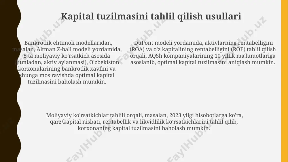 an bo'lib, bu past o'sish davrida investorlarning xavfga munosabati o'zgarib, kompaniyalar kapital tuzilmasiga ta'sir qiladi. germaniyadagi kichik va o'rta korxonalarning 60% gacha bo'lgan qismi o'z faoliyatlarini moliyalashtirish uchun asosan aksiyalar chiqarish orqali kapital tuzilmasini shakllantiradi. kompaniyaning 2023 yildagi foydasi 15 million aqsh dollarini tashkil etgan bo'lsa, yuqori darajadagi moliyaviy ko'rsatkichlar kapital tuzilmasiga ta'sir qilib, qarz mablag'laridan foydalanish imkoniyatini oshiradi. moliya xarajatlari va kapital tuzilmasi 2023 yilda o'zbekistondagi tadqiqotlar shuni ko'rsatdiki, yuqori darajadagi moliya xarajatlari, 15% dan yuqori, kompaniyaning bozor qiymatini 10% gacha pasaytirishi mumkin. moliya xarajatlari kompaniyaning kapital tuzilmasiga, masalan, 30% qarz va 70% o'z kapitalidan iborat bo'lsa, sezilarli darajada ta'sir ko'rsatishi mumkin, bu esa toshkentdagi korxonalar uchun foiz stavkalarining o'zgarishiga bog'liq. kichik va o'rta biznes korxonalari (kob)ning 80% ga yaqini samarqand viloyatida moliya xarajatlarini kamaytirish uchun optimallashtirilgan kapital tuzilmasini tanlashda qiyinchiliklarga duch kelmoqdalar. kapital tuzilmasi va xavf darajasi 2022 yilgi ma'lumotlarga ko'ra, o'zbekistondagi kichik va o'rta biznes korxonalarining 70% …