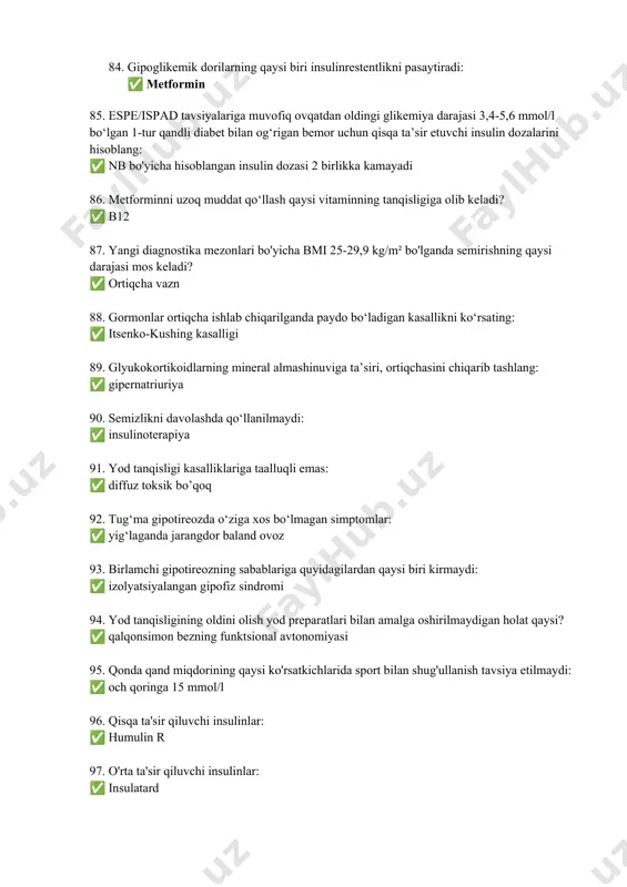 hipotiroidizmda shtayn-levental sindromida 263 qandsiz diabet kasalligini tashxislashda quruq ovqatlanish (suyuqlikni cheklash) bilan tekshirishda qanday parametr nazorat qilinadi? siydik zichligi qon shakar bemorning o'sishi qon bosimi 264 qandsiz diabet gipotalamo-gipofizar shaklining pituitrin bilan tekshirishda xarakterli ma’lumotlari: siydik zichligi oshishi diurezning kuchayishi siydik zichligining kamayishi tashnalikning kuchayishi 265 gipofiz bezining oraliq qismining gormoni: laktotropin gonadotropin melanotropin antidiuretik gormon 266 gipofizar nanizimning rivojlanish sababi emas: jigar kasalligi idiopatik hgsning organik shikastlanishlari genetik konditsionerlik 267 gipofiz nanizimda klinik jihatdan xos emas: jinsiy a'zolarning rivojlanmaganligi o'sish va jismoniy rivojlanishning kechikishi skeletning mutanosibligini buzilishi splanxnomikriya 268 gipofizar nanizimda diagnostik me’zoni: kriptorxizmning mavjudligi qonda o'sish gormonining yuqori darajasi deksametazon bilan tekshirish natijalari pasport yoshining suyak yoshidan kechikishi 269 qandsiz diabet kasalligini tashxislash uchun quyidagilar qo'llaniladi: glyukoza tolerant testi deksametazon bilan tekshirish nechiporenko sinamasi vazopressin darajasini aniqlash 270 akromegaliyaga xos emas: ichki organlarning gipotrofiyasi skeletning nomutanosib o'zgarishi osteoporoz ko'rishning buzilishi 271 akromegaliyani davolashda foydalanilmaydi: parlodel gipofiz bezining …
