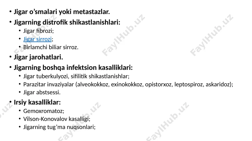 i. jigar funktsiyasining og’ir buzilishi — jigar yetishmovchiligi deb nom oladi. sariq kasallik jigar hujayralarining parchalanishida qonga ko’p miqdordagi bilirubin pigmenti kiradi. ushbu holat shuningdek, jigar bilan bog’liq bo’lmagan safro chiqarishda yuzaga kelgan muammolarda ham kuzatilishi mumkin. dastlab sarg’ish tus ko’zlarning oqlarida, keyin terida ko’rinishi. najasning rangi och, loy kabi bo’lishi. siydik rangining qora pivoning rangi kabiligi. bilirubinning teriga bezovta qiluvchi ta’siri tufayli qichishishlar. qon tomirlari faoliyati va qon ivishining izdan chiqishi. tananing yuqori qismi va qo’llarda mayda tomirli yulduzchalar (telangiektaziyalar). qo’l va oyoq kaftlarining qizarishi. tirnoqlarning shaffof bo’lmasligi («oq tirnoqlar»). yuqori qon ketuvchanlik. epigastriya sohasida varikoz kengaygan venalar. modda almashinuvi buzilishi. ksantoma va ksantemalar — mayda yog’ to’planmalari — qovoq, bilak, tirsak bukilmalari va boshqa joylarda paydo bo’lishi. qorin bo’shlig’i hajmining oshishi qorin bo’shlig’ida suyuqlik to’planishi belgisi bo’lishi mumkin (astsit). qonda albumin miqdori kamayishida butun tanaga bo’ylab kuzatiladigan shishlar. ammiakning mochevinaga aylanishining buzilishi tufayli yoqimsiz shirin hid. jinsiy gormonlar …