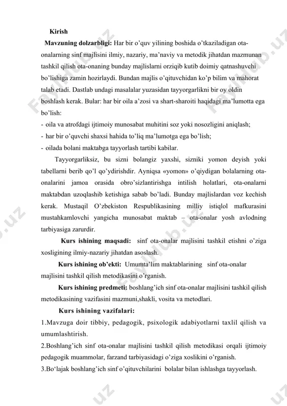 iladi. kurs ishining amaliy ahamiyati: mavzu yuzasidan ilgari surilgan fikrlardan, yondashuvlardan kurs ishi natijalari tarbiyaviy ishlar metodikasi, valeologiya, fanlari bo‘yicha ma’ruzalar, metodik tavsiyanomalar yaratish, ish tajribalarini ommalashtirish va samarali foydalanishga xizmat qiladi. kurs ishining tarkibiy tuzilishi va xajmi: ish kirish, 4ta reja, xulosa va foydalanilgan adabiyotlar ro`yxatidan iborat bo`lib, jami sahifani tashkil qiladi. 1.oila - mustaqillik yillarida davlat siyosatidagi ustuvor masala sifatida. vatanimiz mustaqilligining qisqa davri ichida oila, onalik va bolalikni huquqiy manfaatlarini qonuniy muhofaza qilish, fuqarolarning huquqiy madaniyatini oshirish, oilaning ijtimoiy-iqtisodiy manfaatlarini ta’minlash, madaniy-maishiy turmush sharoitini yaxshilash, oilaning ma’naviy-ahloqiy asoslarini takomillashtirish, ko‘p bolali, kam ta’minlangan, nochor oilalarni, nogironlarni,qarovchisiz keksalar, yolg‘izlarni, etim-esirlarni ijtimoiy qo‘llab-quvvatlash, oilada ma’naviy va jismoniy barkamol shaxsni shakllantirish borasida keng qamrovli ishlar amalga oshiriladi. mamlakatimizda 1998 yilning «oila yili» deb e’lon qilinishi va shu munosabat bilan «oila manfaatlarini ta’minlash borasida 1998 yilda amalga oshiriladigai chora-tadbirlar davlat dasturi» ning qabul qilinishi va amaliyotga tadbiq etilishi, oliy majlisning xi …