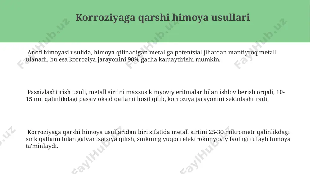 00 mikrometr qalinlikdagi bo'yoq qatlami bilan qoplash orqali amalga oshiriladi, bu esa korroziya jarayonini sezilarli darajada sekinlashtiradi. korroziyadan himoya qilishning elektrokimyoviy usullari elektrokimyoviy himoya usullarida 1-2 ma/sm² zichlikdagi to'g'ridan-to'g'ri tok qo'llanib, metall sirtining potensialini o'zgartirish orqali korroziyani samarali ravishda nazorat qilish mumkin. katod himoyasi, potensial -0,85 v dan pastroq bo'lgan metall (masalan, magniy) yordamida himoya qilinadigan metallning potensialini o'zgartirib, korroziyani 90% ga kamaytirishi mumkin. anod himoyasi jarayonida himoya qilinadigan metallga nisbatan yuqoriroq elektrokimyoviy potentsialga ega bo'lgan metall (masalan, temir) anod sifatida ishlatiladi va korroziya jarayonini 85% gacha to'xtatadi. kimyoviy korroziya kimyoviy korroziya jarayonida ph darajasi muhim rol oʻynaydi, masalan, ph 3 dan past boʻlgan muhitlarda korroziya tezligi 5-10 baravar ortadi, bu esa korroziyaga chidamli maxsus materiallarni qo'llashni talab qiladi. metallarning kimyoviy korroziyasiga ta'sir etuvchi omillar orasida harorat ham muhim ahamiyatga ega bo'lib, harorat 10°c ga oshishi ba'zi hollarda korroziya tezligini 2-3 baravar oshirishi mumkin. kimyoviy korroziya metallarning elektrolit eritmalar bilan …
