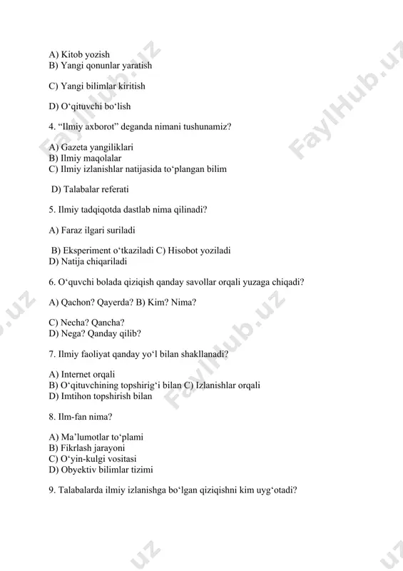 ladi? a) tilboyliginisaqlashuchun b) tushunarliliknita’minlashuchun c) go‘zallikuchun d) tasvirkuchayishiuchun 7. “fonetika”, “kesim”, “vodorod” — buqandaybirliklar? a) sinonimlar b) frazeologizmlar c) terminlar d) aforizmlar 8. ilmiyuslubningyozmashaklinimanianglatadi? a) og‘zakima’ruza b) so‘zlashuvtilidagisuhbat c) ilmiyqo‘llanmalarvarisolalar d) esselar 9. “inson”, “osmon”, “kitob” — buqandayatamalardir? a) faolotlar b) oddiyotlar c) terminlar d) atamalar 10. ilmiyuslubdako‘pma’nolilikqandayqo‘llaniladi? a) umumanqo‘llanilmaydi b) boshqauslublarganisbatanko‘proq c) shartliravishda, umumxalqso‘zlariorqali d) faqatog‘zakishaklda 11. quyidagilardanqaysibiriilmiy-ommabopuslubgakiradi? a) poeziyamatni b) izohlilug‘at c) ilmiymaqola d) siyosiychiqish 12. ilmiyuslubqandayvazifanibajaradi? a) hayajonuyg‘otadi b) axborotberishvaasoslash c) ko‘ngilocharlikyaratadi d) emotsionalta’sirko‘rsatadi 13. ilmiystildabuyoqdorso‘zlar… a) kengishlatiladi b) tavsiyaetiladi c) emotsionallikkiritadi d) kam ishlatiladiyokitavsiyaetilmaydi 14. stilistikmonotonlikqaysifanlardako‘proqseziladi? a) fizikavamatematika b) biologiyavatarix c) astronomiyavakimyo d) falsafavatexnika 15. “somonyo‘li” iborasiilmiystilvabadiiystiluchunqandayrolo‘ynaydi? a) har ikkalastiluchunsinonimsifatida b) ilmiystiluchuntermin, badiiystiluchunobrazliifoda c) har doimobrazlima’noberadi d) hechqandayrolo‘ynamaydi 5 mavzu 1. "metod" so'zining lug'aviy va ilmiy ma'nosini izohlang. 2. "metodika" va "metodologiya" tushunchalari o'rtasidagi farq nimada? 3. r.yo'ldoshevning ta'lim metodiga bergan ta'rifi qanday? 4. "ta'lim texnologiyasi" tushunchasi nimani anglatadi va u metodikadan qanday farq qiladi? …