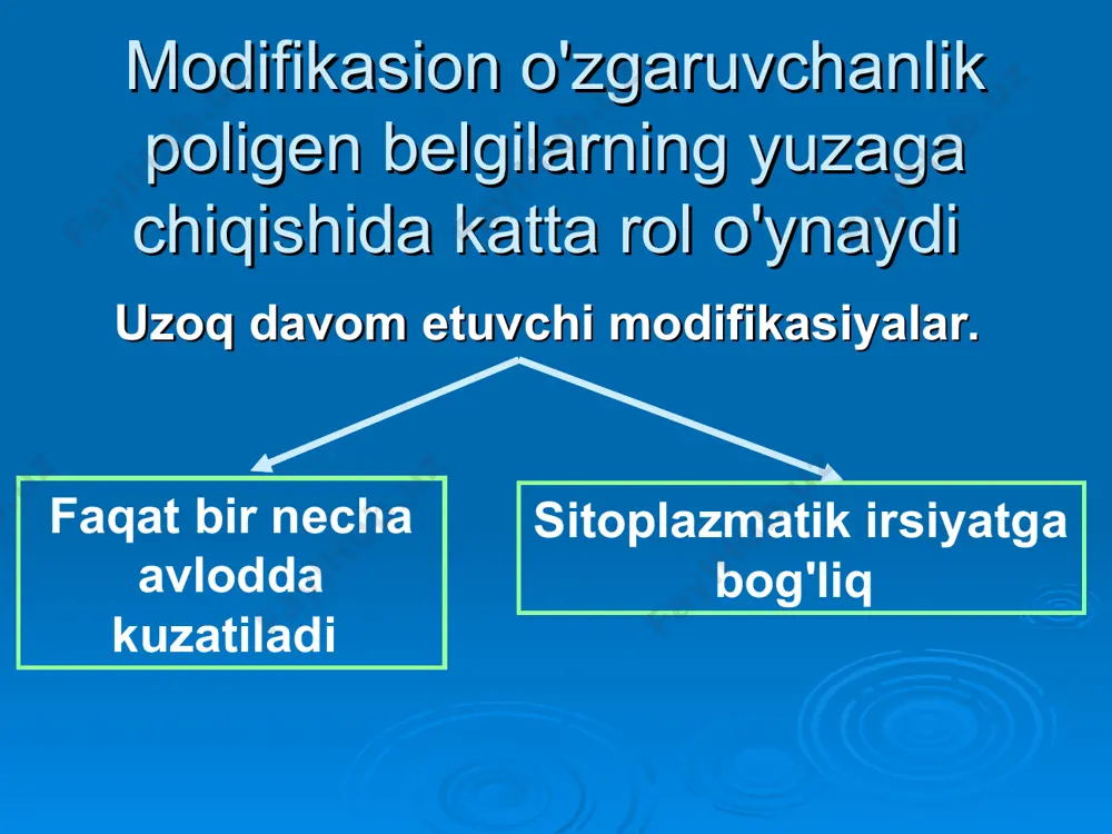 t s bir purinning boshqasi bilan almashinishi yoki pirimidinning pirimidin bilan almashinishi хromosoma mutatsiyalari хromosomalararo xromosoma ichida inversiya тranslokatsiya 46,хх,t(15+21) 46,ху,t(15+21) delitsiya 46,хх, 5р- 46,ху,5р- duplikaysiya мutatsiya tiplari hayot faoliyati ta’siriga qarab letal yarim letal sharli letal steril neytral kuchaytiruvchi мutatsiya tiplari fenotip o’zgaruvchanligiga qarab кo’rinadigan кo’rinmaydigan тo’g’ri теskari моrfologik fiziologik бiokimyoviy мutatsiya tiplari qayerda uchrashiga qarab generativ somatik yadro (хromosoma) sitoplazmatik irsiylanadi irsiylanmaydi мutatsiyalar тo’satdan nasldan naslga beruvchi faqat ayrim shaxslarda kuzatiladi irsiy moddaning o’zgarishlari papilyar chiziqlar poligen tipda irsiylanadi embriogenezning 10-20 xaftalaridan shakllana boshlaydi 6 oyda butunlay shakllanadi va umr bo'yi o'zgarmaydi deltalar indeksi (dl10) 10ta falangada deltalar yig'indisi odamlarning etnik kelib chiqishini aniqlashda foydalaniladi daktiloskopiya yoysimon (a) – delta bo'lmaydi sirtmoqlar (l) – 1-deltasi bo'ladi o'ramalar (w) – 2 deltali umumiy qirralar soni (u.k.s.) erkaklarda ayollarda 145-±50 125±50 а б в г д palmoskopiya palmoskopiya triradiuslar (deltalar)ni o'rganish triradiuslar orasidagi burchaklarni o'rganish burmalarni o'rganish triradiuslar (deltalar) →uch …