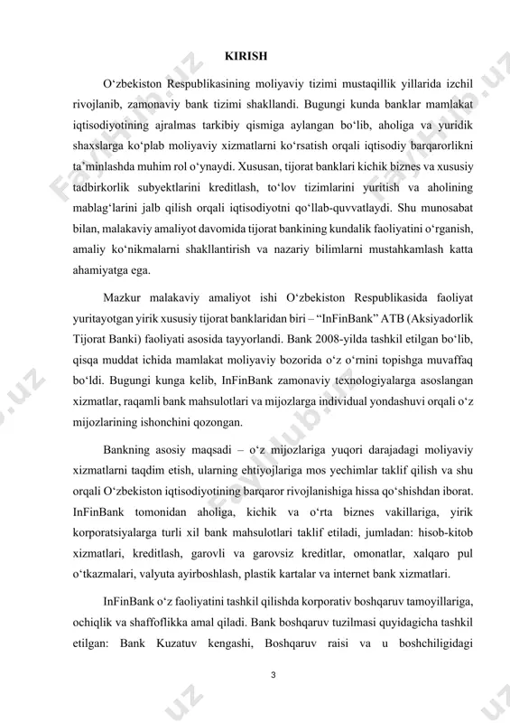 sqichda? shuningdek, amaliyot davomida olingan bilimlar asosida bank faoliyatini takomillashtirishga oid taklif va tavsiyalar ham shakllantirildi. chunki zamonaviy bank tizimi doimiy rivojlanish va raqobat muhiti ta’sirida ishlaydi. shunday ekan, har bir yangilik va ilg‘or tajribani chuqur o‘rganish va amaliyotga tadbiq etish orqali bank tizimini yanada samarali qilish mumkin. 2.1 . infinbank va uning tashkil etilishi haqida. infinbank faoliyatining asoslari 2007-yil 26-oktyabr xoatb “invest finance bank” tashkil etildi, 24 dekabr bank xizmatlari koʻrsatish uchun litsenziya olindi. 2008-yil 30-yanvar bank xizmatlari koʻrsatish uchun litsenziya olindi, 29-fevral jismoniy shaxsga birinchi kredit ajratildi, mart yuridik shaxsga birinchi kredit ajratildi, 29-fevral import-eksport boʻyicha ilk operatsiya amalga oshirildi iyul yuridik shaxs uchun valyuta ayriboshlash buyicha ilk operatsiya amalga oshirildi oktyabr investitsiya masalasi boʻyicha birinchi mijozga xizmat koʻrsatildi 2009-yil sentyabr birinchi chet-el korrespondentlik xisob rakami ochish (pao “promsvyazьbank”) 11-noyabr yuridik shaxs ma?omiga ega bulgan 1000-chi mijozga xizmat koʻrsatildi 29-dekabr “bank-mijoz” tizimi boʻyicha mijozlarga xizmat koʻrsatish boʻyicha birinchi …