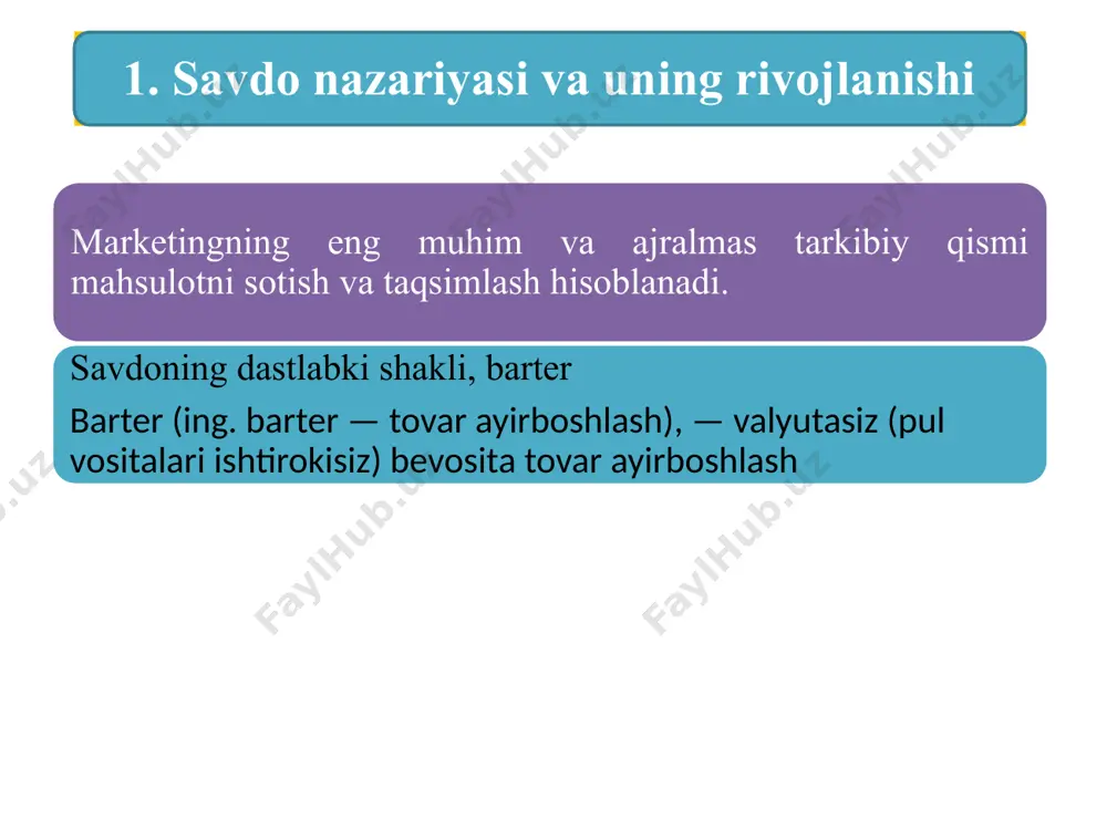 sportyori bo’lib chiqdi. 1948-yil amerikalik iqtisodchilari p. samuelson va v.stolperlar xeksher-olin konsepsiyasini takomillashtirishdi. ularning nazariyasi bo‘yicha xalqaro savdo - ishlab chiqarish omillari bilan ta’minlanganlik darajasidan notekislik, texnologiyalarining bir-biriga mosligi, raqobatning rivojlanishi va mahsulotlarning harakatchanligi kabi sharoitlarda mamlakatlar o‘rtasidagi ishlab chiqarish omillari narxlari tenglashadi. chakana savdo, ulgurji savdo, vositachini tanlash va sotish tarmog’ini shakllantiruvchi omillar chakana savdo so‘zi fransuzcha kesish, bo’lish, bo’laklarga ajratish kabi ma’nolarni anglatadi. birinchi marta 1433-yilda "kichik miqdorda sotish" ma’nosida qo’llanila boshladi. chakana savdo xizmatlarini ko’rsatish bank, sayyohlik, sug'urta, xususiy sog’liqni saqlash, xususiy ta’lim, xususiy xavfsizlik firmalari, yuridik firmalar, noshirlar, jamoat transporti va boshqalarni o‘z ichiga oladi. ko‘p ishlab chiqarish korxonalari, ulgurji savdo, xizmat ko‘rsatish korxonalari va boshqalar chakana savdo bilan shug‘ullanadi. chakana savdo - bu tovarlar va xizmatlarni bevosita iste’molchilarga sanoat uchun emas, balki shaxsiy iste’mol uchun sotadigan tadbirkorlik faoliyatining barcha turlari. chakana savdoning asosiy qismi chakana savdo do‘konlari va do‘konlardan tashqarida chakana savdo orqali amalga oshiriladi. …