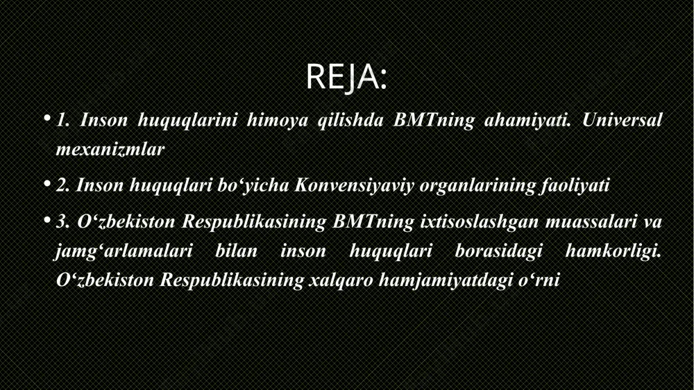 60/251 rezolyutsiyasi asosida bmtning inson huquqlari boʻyicha kengash tashkil etilgan. kengashining asosiy vazifasi – erkinlik, huquq ustuvorligi va adolatni targʻib qilish, shuningdek, jahon boʻylab bu boradagi vaziyatni nazorat qilib, hukumatlarga koʻrsatma va tavsiyalar berishdan iborat. birlashgan millatlar tashkilotining inson huquqlari boʻyicha oliy komissari boshqarmasi inson huquqlari umumjahon deklaratsiyasi tomonidan kafolatlangan inson huquqlariga rioya etilishi va himoya qilinishini nazorat qiluvchi birlashgan millatlar tashkilotining agentligi, yaʼni birlashgan millatlar tashkilotining inson huquqlarini himoya qilish boʻyicha asosiy tarkibiy boʻlinmasi hisoblanadi inson huquqlari boʻyicha konvensiyaviy organlarining faoliyati bmt doirasida inson huquqlari boʻyicha konvensiyaviy organlar – bmtning inson huquqlarini muhofaza qilish boʻyicha asosiy xalqaro shartnomalari asosida tashkil etilgan oʻnta qoʻmita ham ushbu shartnomalar boʻyicha davlatlar oʻz zimmalariga olgan majburiyatlariga rioya etishlari ustidan nazoratni taʼminlash maqsadida faoliyat yuritadi konvension organ – ishtirokchi davlatlar tomonidan vakolatlarni uzaytirish imkoniyati bilan toʻrt yillik muddatga tayinlanadigan va saylanadigan mustaqil ekspertlardan tashkil topgan inson huquqlari boʻyicha oʻnta shartnomaviy qoʻmita bmtning inson huquqlari …