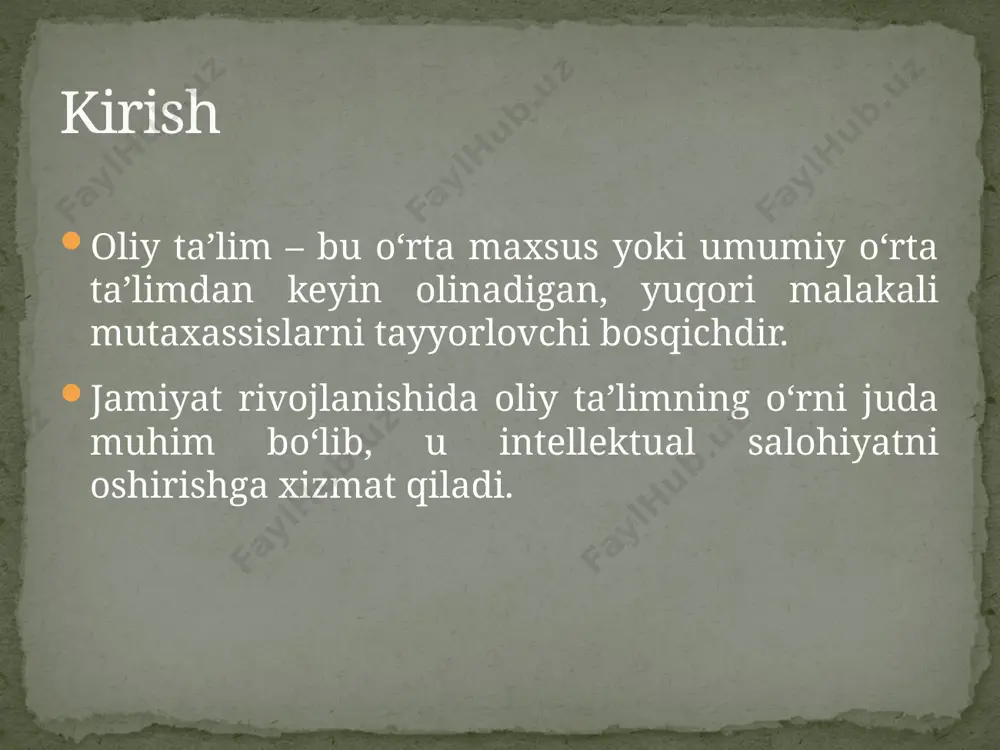 i va kamchiliklari an’anaviy – auditoriyada dars o‘tish. interfaol – savol-javob, guruhli ish. ilmiy-tadqiqot – mustaqil ilmiy izlanishlar. masofaviy – onlayn platformalar orqali ta’lim. oliy ta’lim usullari ta’lim jarayonini raqamlashtirish. xalqaro dasturlar va hamkorlik. moslashuvchan o‘quv rejalari. dual ta’lim tizimini joriy etish. oliy ta’limni rivojlantirish yo‘nalishlari oliy ta’lim shakl va usullari tobora takomillashib bormoqda. zamonaviy texnologiyalar ta’lim samaradorligini oshirishga xizmat qilmoqda. har bir shakl va uslubning afzalliklari mavjud – to‘g‘ri tanlov muhim. xulosa /docprops/thumbnail.jpeg