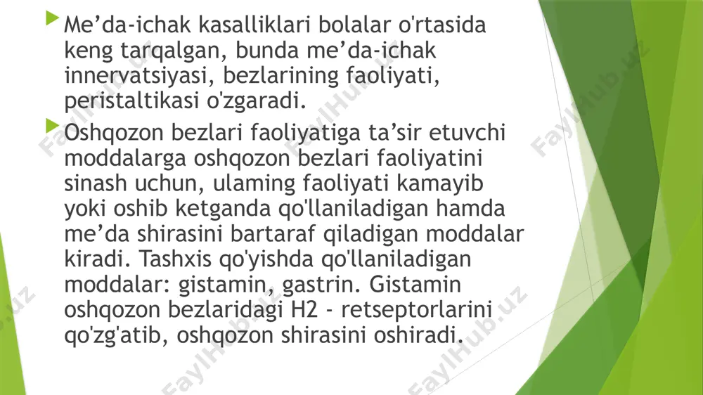a’siri kuchliroq. shu bilan birga denol pilorik-xeliko mikroorganizmlarga qarshi ta’sir ko'rsatadi, hozirgi kunda ushbu bakteriyalarga oshqozon, 12 barmoqli ichak yarasining patogenezida ahamiyat beriladi. 8. oshqozon-ichak trakti kasalliklarida qo'llaniluvchi dori vositalar antatsid va yaraga qarshi vositalar aluminiy gidro- tabl. 500 mg, susp. 320 m g-5 ml. gel, gran, oksid va tuzi omcprazol tabl.. kaps. 20 mg, subst. 566 3. 4. 5. 6 . pircnzepin ranitidin aktivlangan ko'm ir m ezalazin atropin tabl. 25 mg, 50 mg. amp. 5 m g /1 ml amp. tabl. 150 mg, 300 mg, amp. 10 25 mg 1 ml, 2 ml tabl. 250 mg. kukun 500 mg tabl. 250 mg, 500 mg, sham cha 250 mg, 500 mg, susp. 4 g, 60 g spa/.molitiklar tabl., kukun. fl., ko'z tomchilari 0,3%, 1 gipoasid gastrit vositalari:ta’biy me’da shirasi; image1.jpg image2.jpg image3.jpg image4.jpg image5.jpg image6.jpg image7.jpg image8.jpg image9.jfif /docprops/thumbnail.jpeg