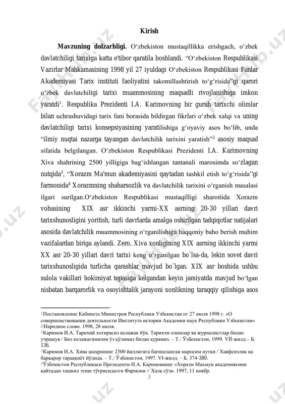 zma manbalar o‘rganila boshlangan bo‘lsa ham, ularning mazmuni kam tadqiq etilgan. xx asrning 20 - 30-yillariga kelib, arxiv ma'lumotlarini tarixiy adabiyotlardagi ma'lumotlar bilan qiyosiy tahlil qilish imkoniyati yuzaga kelgan.ammo, sovet tarixshunosligida xiva xonligining davlatchilik tarixi alohida ilmiy tadqiqot obyekti sifatida o‘rganilmaganligi ko‘zga tashlanadi. chunki, bu davrda davlatchilik yagona bo‘lgani holda, milliy respublikalarning davlatchiligi ko‘pincha yo‘l-yo‘lakay, u yoki bu davlatning mavjud bo‘lganligini qayd etish shaklida tavsiflanar edi. mustaqillik yillarida mavzuning yoritilishi muhim ahamiyatga ega bo‘lib, xonlikning siyosiy, ijtimoiy-iqtisodiy va madaniy ahvoliga oid asosiy ma'lumotlarni chuqur o‘rganish, yangicha qarash va yondashuvlarni umumlashtirish imkoniyati vujudga keldi. xiva xonligining xix asrning ikkinchi yarmi xx asr 20-30 yillari tarixshunosligini o‘rganishning dolzarbligi shu bilan belgilanadiki, bunday tadqiqot vatan olimlari tomonidan muammoni o‘rganishning manbalarini aniqlash, sovet va xorij tarixchilari tomonidan uni o‘rganish bosqichlarini tavsiflash, xxi asrda xiva xonligini o‘rganish tarixining dolzarb yo‘nalishlarini ta’riflashga imkon beradi. shunday qilib, xix – xxi asrning boshlarida ushbu muammoni kompleks tadqiq etish …
