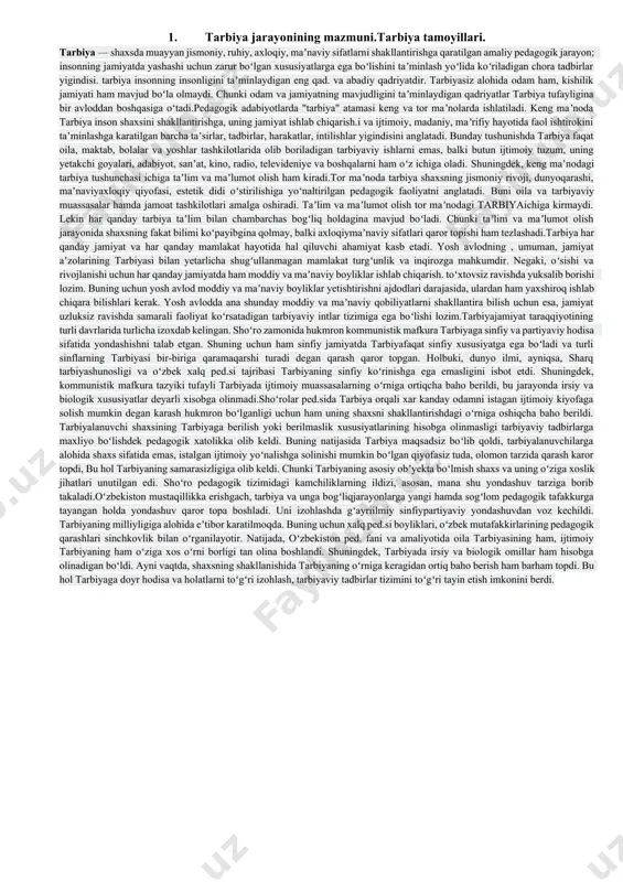 amonaviy tafakkurga tayanib yashaydigan barkamol shaxs – komil insonni tarbiyalashdan iborat».demak, ma’naviyatli inson bilimli, ma’lum kasb-hunar sohibi, o‘z vatanining sodiq fuqarosidir. o‘z davlati qonunlarini biladigan va ularga amal qiladigan, yurti bilan g‘ururlana oladigan inson. o‘z vatani boyliklarini saqlaydigan, uni yanada boyitadigan, go‘zalliklaridan bahramand bo‘ladigan shaxs. u har qanday zararli illatlarga qarashi kurashadigan, milliy va umuminsoniy qadriyatlarni avaylab asraydigan insondir.axloq esa shaxsning xatti-harakatlari, yurish-turishi, turmush tarzi, hayot kechirish tamoyillari, qoidalari, ijtimoiy munosabatlar mazmunini ifodalaydi.axloq ijtimoiy hodisa sifatida jamiyat ma’naviy-ruhiy hayotida o‘ziga xos o‘rin tutadi.«axloq» (lotincha – xulq-atvor ma’nosini bildiradi) ijtimoiy ong shakllaridan biri bo‘lib, ijtimoiy munosabatlar hamda shaxs xatti-harakatini tartibga soladigan qonun-qoidalar majmuidir.axloq - ma’naviyatning tarkibiy qismi sifatida shaxs kamolotining yuqori bosqichi sanaladi. zero, axloq, axloqiy me’yorlarsiz shaxsning ruhiy va jismonan etukligining mezoni bo‘lgan ma’naviy kamolotga erishib bo‘lmaydi. shuning uchun ham ma’naviy-axloqiy tarbiyada uzviylik, aloqadorlik dialektik xarakterga ega bo‘lib, shaxsning ma’naviy-axloqiy shakllanishida muhim sanaladi.ma’naviy-axloqiy tarbiya va unga qo‘yiladigan talablar bu jamiyatda …