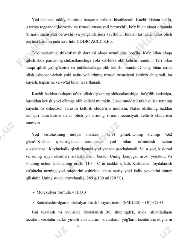 otalari ko'p bo'lsa sodir bo'ladi. bu pka 0,75 bo'lgan kuchli kislota. kislotali eritmada kuchli oksidlovchi, lekin asosli eritmada kamroq. u yod trixloridiga qaytariladi. bu eritmada oltin sariq rangli birikma bo'lib, hech qanday pasaymaydi. agar yod ortiqcha bo'lsa, yod yodga aylanadi. u kislotalarni issiq suyultirilgan hno3 ning minimal hajmida eritadi va biz uni filtrlaymiz va kristallar hosil bo'lguncha bug'laymiz. kristallarni to'plang va ularni h2o bilan yuving va qorong'i joyda havoda quriting. yod kislotasidan foydalanish 1) u kuchli kislota sifatida ishlatiladi. 2) u tuz sanoatida qo'llaniladi. 3) tuzdagi yod miqdorini oshirish uchun natriy va kaliy yoodatini sintez qilish uchun ishlatiladi. 4) u analitik kimyoda qo'llaniladi. changni takroriy inhalatsiyasi turli darajadagi nafas olish organlarining tirnash xususiyati yoki o'pkaga zarar etkazishi mumkin. changni uzoq vaqt davomida inhalatsiyasi nafas olishning surunkali tirnash xususiyati keltirib chiqarishi mumkin. ko'zga tegsa, kontakt linzalari kiyib olganingizni tekshiring va ularni darhol olib tashlang. ko'zlar kamida 15 daqiqa davomida oqar suv …