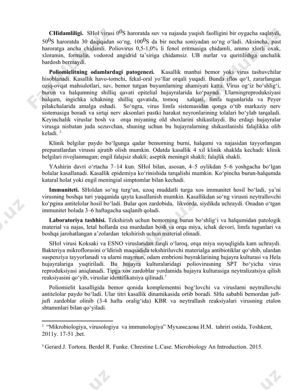 bet. ] o‘stirish va reproduksiya. poliomielit virusi odam va maymun buyraklarining birlamchi hujayra kulturasida va hela hujayra kulturasida undiriladi, ular hujayraga patogen ta’sir etib ko‘payadi. poliomielitning reproduksiya sikli 5–7 soatni tashkil qiladi. virus hujayraga viriopeksis yo‘li bilan kiradi. reproduksiya jarayoni sitoplazmada sodir bo‘ladi. bitta xo‘jayin hujayrasida 150 ta virion sintez qilinadi. virion kapsiddan ozod bo‘lgandan so‘ng, replikativ shakldagi rnk hosil bo‘lib, u axborot rnk va virion rnk larining sintezi uchun matritsa bo‘lib xizmat qiladi. jarayon boshida yirik polipeptid hosil bo‘ladi. bu polipeptid proteolitik fermentlar yordamida bir necha bo‘lakchalarga bo‘linadi. ularning bir qismi kapsomer, ikkinchisi ichki oqsillar, uchinchisi virion fermentlari (rnk transkriptaza va proteaza)ni hosil qiladi. keyin har bir moyil hujayrada bir necha yuz virionlar paydo bo‘lib, ular hujayraning keltirish xususiyatiga ega. bu holat ichakda virulentli polioviruslarning ko‘payishiga barham berdi. tirik vaksinani ishlab chiqarish texnologiyasi sobiq ittifoqda virusologlar a.a.smorodinsev va m.p.chumakovlar tomonidan yo‘lga qo‘yilgan bo‘lib, bu vaksina bolalarning og‘ziga tomiziladi va …