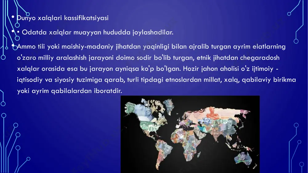 ini e'tikqodi asosidagi maro nomli elatlardir. erondagi gebrlar yoki xitoydagi musulmon makroetnos sifatida guruhlarni tashkil qilganlar. • jaxonda ikki tilli etnoslar ham kam emas, masalan, bir irqdagi belgiya va shveytsariya axolisi ikki yoki uch tilda gaplashadi. ilgari mustamlaka bo'lgan osiyo va afrika mamlakatlarining. deyarli hammasida ikki tip - mahalliy va rasmiy davllat tillari mavjud. hindistonda rasmiy hind tili bilan birga yuzlab boshqa tillar ham bor, pokistonda urdu, indoniziyada - baxsa-indonisiya, filippinda -tagalog, afrika mamlakatlarining ayrimlarida rasmiy ingliz yoki fransuz tillari bilan bir qatorda mahalliy xalq so'zlashadi. • tillarning geografik chegaralari doimo o'zgarib turgan. agar arab tili paydo bo'lgan vaqtda (vii asrdan oldin) undan faqat arab yarim orolining janubidagina yashovchi qabilalar foydalangan bo'lsa, hozir bu tilda shimoliy afrika va janubiy-sharqiy osiyoda joylashgan juda ko'p xalqlar so'zlashadi. yoki ingliz tilini olsak, unda dastlab faqat britaniya orolidagi ahali so'zlashgan bo'lsa hozir yevropa va shimoliy amerika aholisining beshdan bir qismi avstraliya va yangi zellandiya …