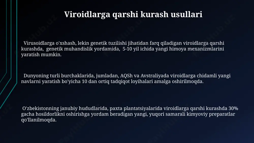 jud boʻlib, ularning koʻpchiligi oʻsimliklarda topiladi, masalan, patates virodi avstraliyada kashf etilgan. viroidlarning ahamiyati viroidlar sababli hosilning 10-30% ga kamayishi kuzatiladi, bu esa qishloq xo'jaligi mahsulotlari yetishtirishda katta muammo hisoblanadi va butun dunyoda, xususan janubiy amerika davlatlarida muhim ahamiyatga ega. viroidlarning genetik tuzilishini o'rganish, yangi diagnostika usullarini yaratish va virusologiya sohasidagi fundamental bilimlarni kengaytirishda muhim rol o'ynaydi, bu esa 5-10 yil ichida yangi davolash usullarini ishlab chiqishga yordam beradi. o'simliklarda 300 dan ortiq viroid turlari aniqlangan bo'lib, ular jahon miqyosida, jumladan o'zbekistonning paxtachilik hududlarida ham katta iqtisodiy zarar keltiradi. e'tiboringiz uchun rahmat @taqdimot_robot