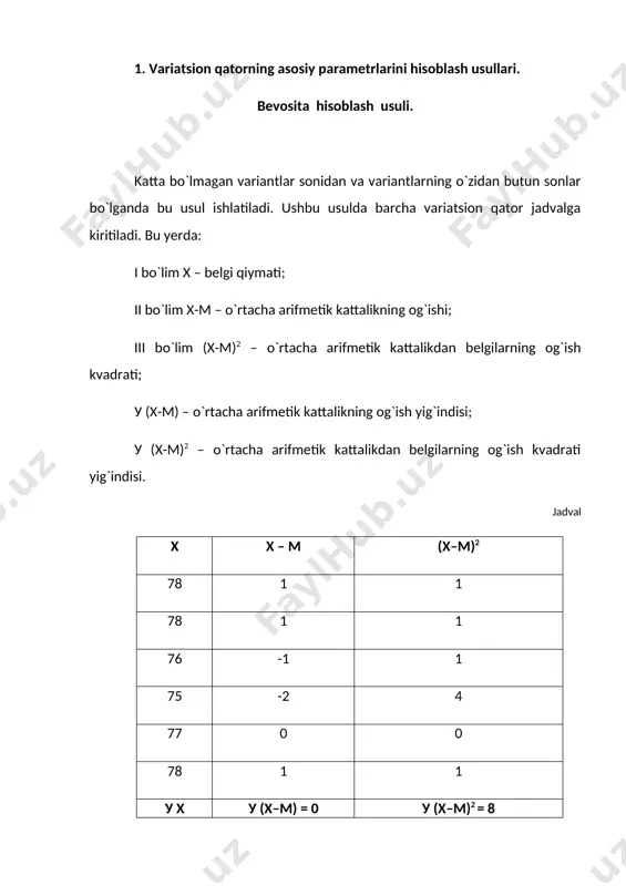 rifmetik kattalik: m = c+ s1/n = 21 + -1 / 8 = 20,9; haqiqiy s2ni topamiz: уx2= s2 – s12 = 23 – 1/8 = 22,9; у = √ уx2/n = √22,9/8 = 1,69; v=?; m(m)=?; m(у)=?; m(v)=?. 3 shartli og`ish usuli. variantlarda kasr son bo`lganda bu usul ishlatiladi. bu usuldan antropologiya institutida ham foydalanilgan. aholini o`lchash natijalarining barchasi ushbu usul bilan ishlab chiqilgan. bu usul variantlar soni ko`p bo`lganda ishlatiladi. hisoblash qo`lay bo`lishi uchun klasslar intervali tanlanadi. har qanday butun natural son klass intervali bo`lishi mumkin. klass intervali qancha katta bo`lsa, klasslar shuncha kam bo`ladi. klasslar tuzilishi uchun maksimum va minimum sonlar tanlab olinadi. minimum songa klass intervali qo`shiladi va gorizontal bo`yicha klasslar г klass intervaliga farqlanadi. klassning chap tomoni 0,5 kasr bilan tugaydi, o`ng tomoni esa 0,4 kasr bilan tugaydi. klasslar o`sish darajasi bo`yicha yoziladi. misol: 110,5 105,3 104,2 106,7 108,9 99,2 98,4 maksimum – 110,5 96,5 …